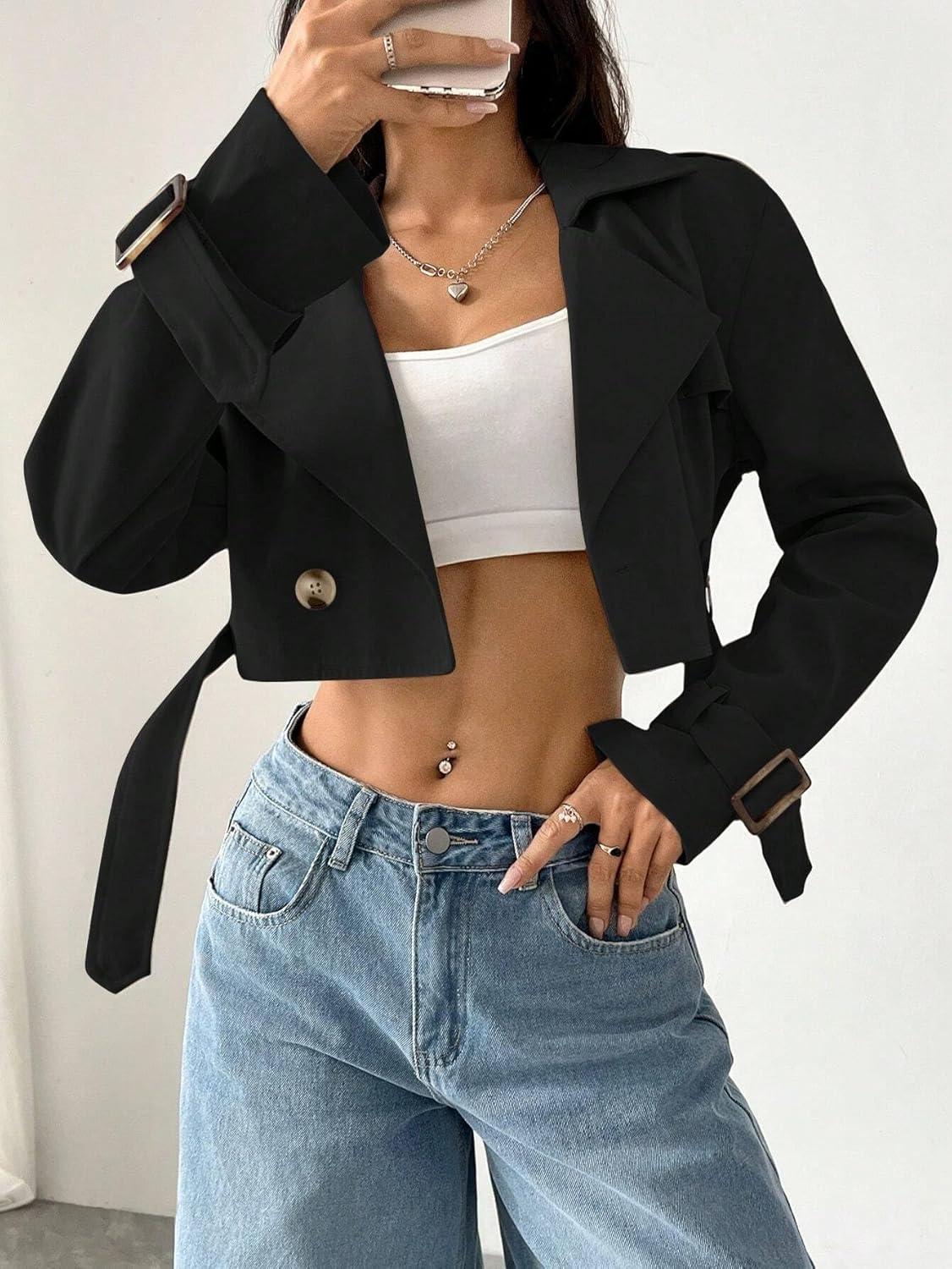 Womens Fashion Trench Outwear Solid Color Lapel Collar Long Sleeve Crop Casual Trench Coat Jacket Coat