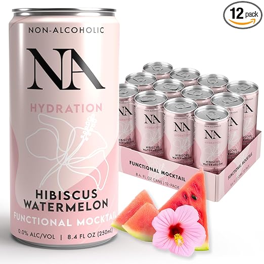 NA Functional Non-Alcoholic Drinks with Mushrooms & L-Theanine | Sea Salt for Hydration | Low Sugar, Low Calorie Adaptogen Social Tonic, Hibiscus Tea and Watermelon Mocktail, 8.4oz Cans (12 Pack)