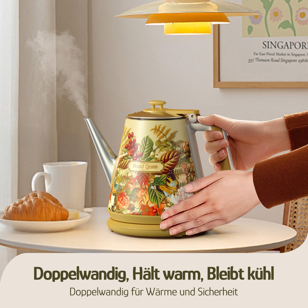 Hazel Quinn × Eduardo Recife 1L Elektrischer Wasserkocher, Floral Design | Doppelwandig, 304-Edelstahl innen, BPA-frei, Schwanenhals für präzises Ausgießen – kompakt für Singles und kleine Haushalte.