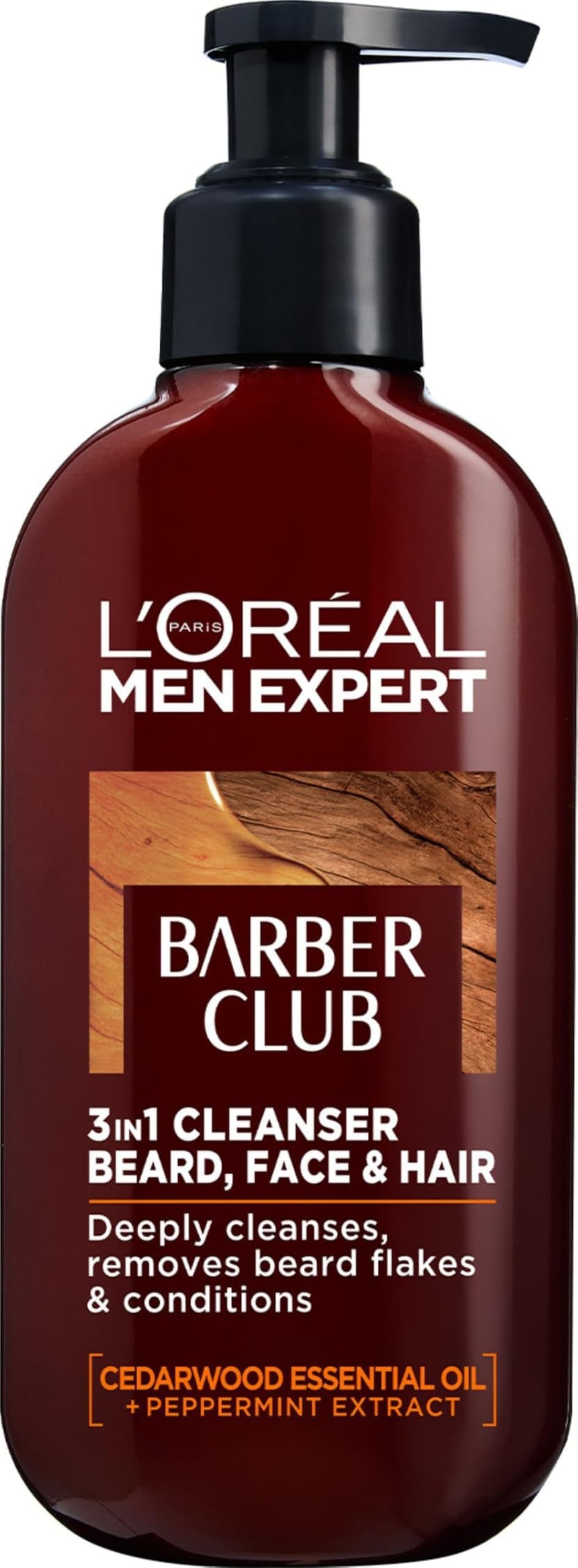 L’Oreal Paris Men Expert Cleansing 3-in-1 Beard, Face & Hair Wash 200ml, Barber Club Wash With Cedarwood Essential Oil, Deeply Cleanses and Removes Beard Flakes