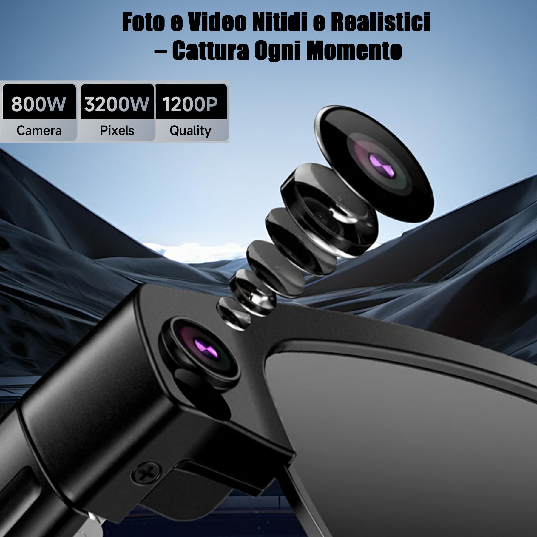 SINOTE'CA AI Smart Glasses con Telecamera 8MP, Occhiali Intelligenti Bluetooth, Occhiali da Sole con Videocamera Integrata, Traduzione in Tempo Reale, Musica Open-Ear, Microfono Dual Noise Reduction