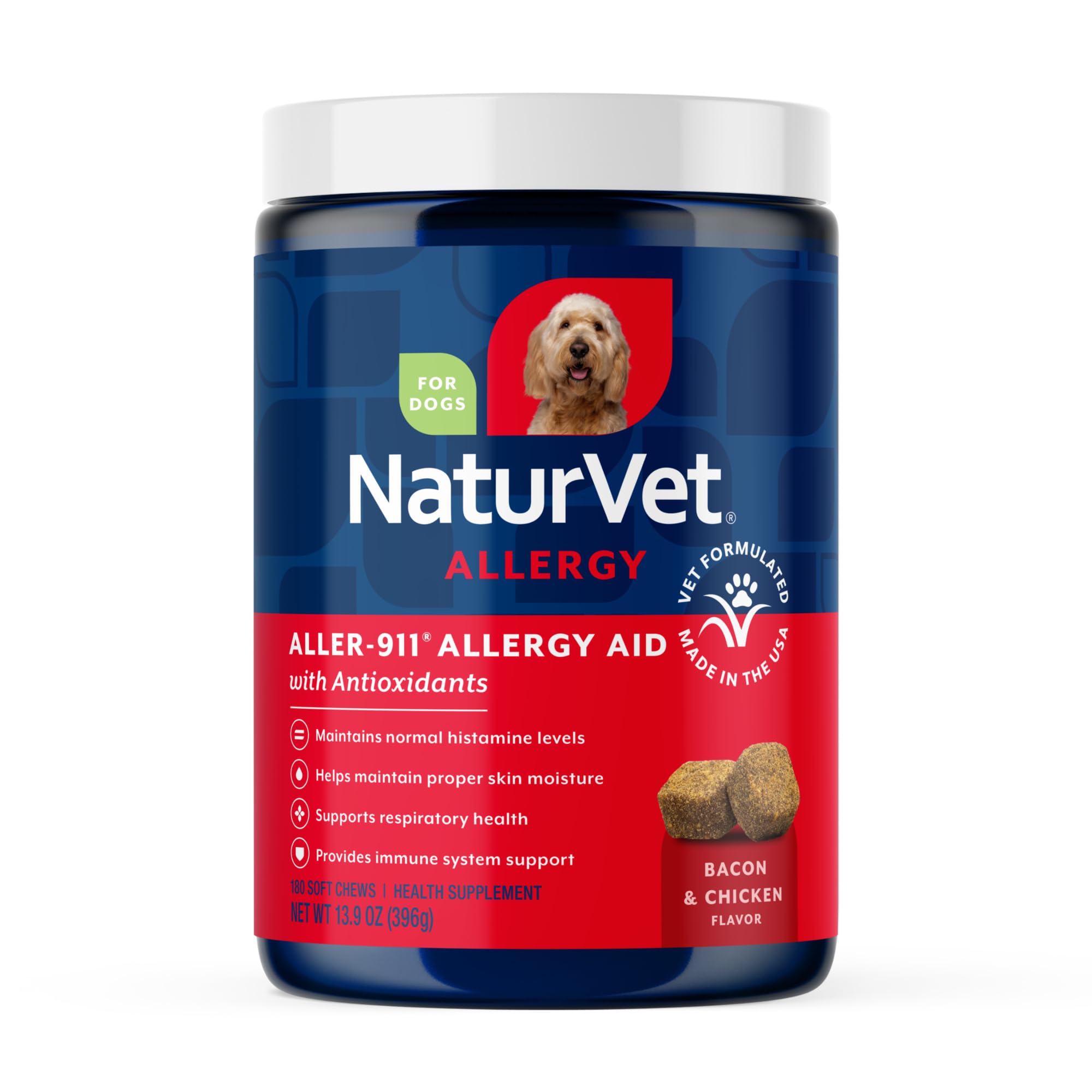 Aller-911 Advanced Allergy Aid for Dogs, Cats – Antioxidant-Rich Pet Supplement with Omegas, DHA, EPA – Helps Support Dog Immune System, Cat Respiratory Health, Skin Moisture 180 Soft Chews