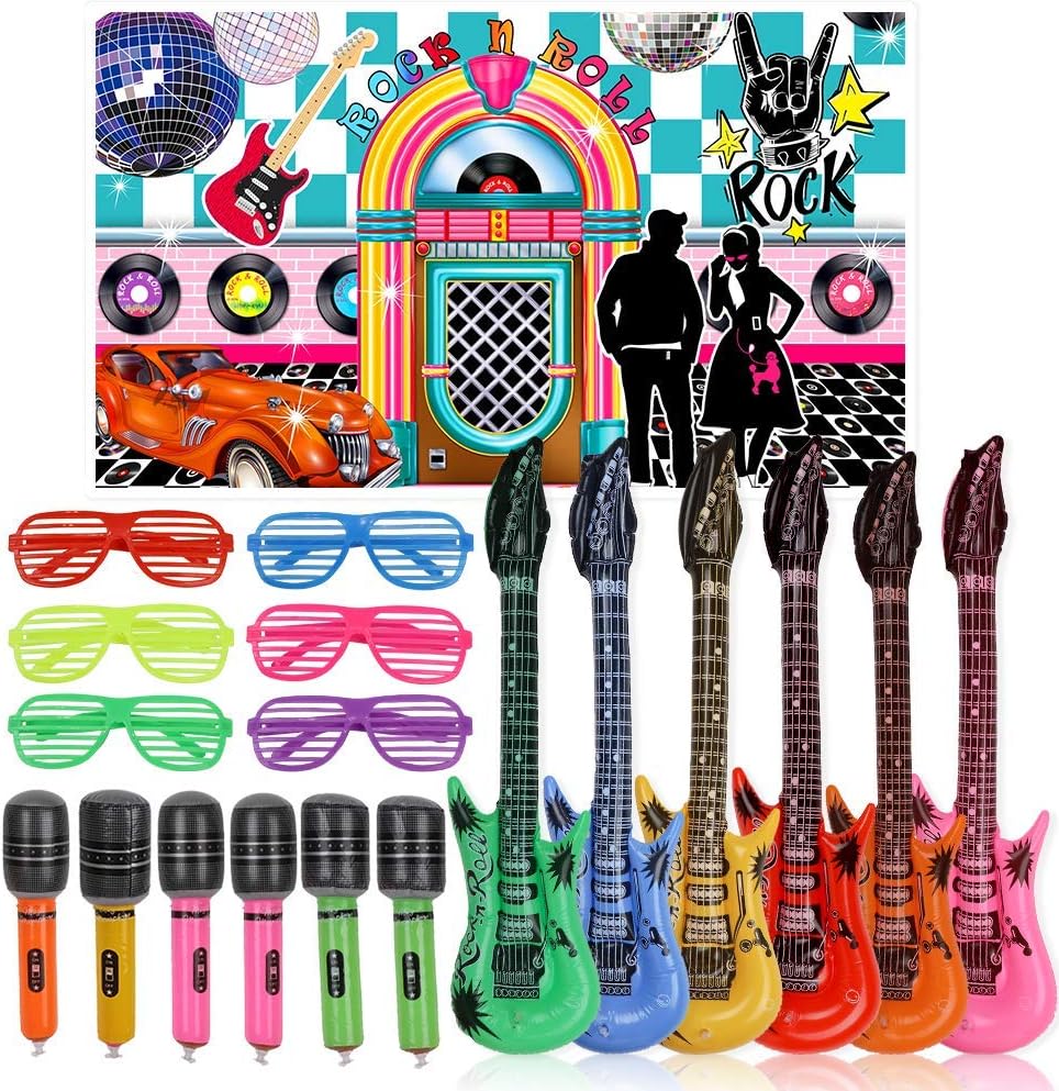 25pcs 50s Rock Party Decorations Supplies Rock and Roll Party Backdrop Rock Star Toy Set,Inflatable Guitars Microphones Shutter Shading Glasses Music Party Props for 1950s Party Birthday Decor …