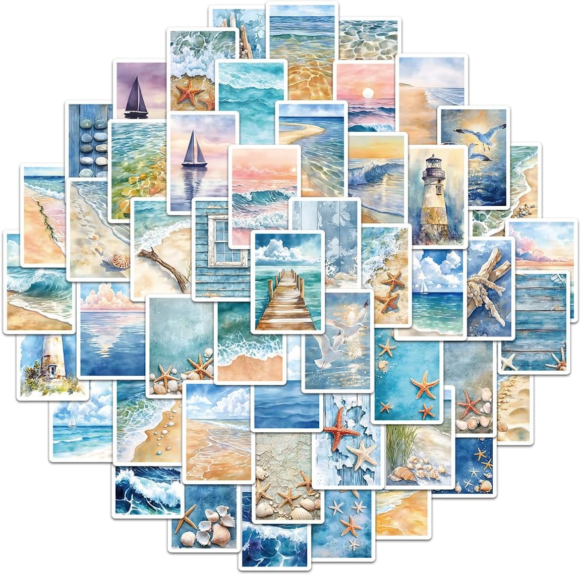 50Pcs Coastal Stickers, Watercolor Ocean Vinyl Decals