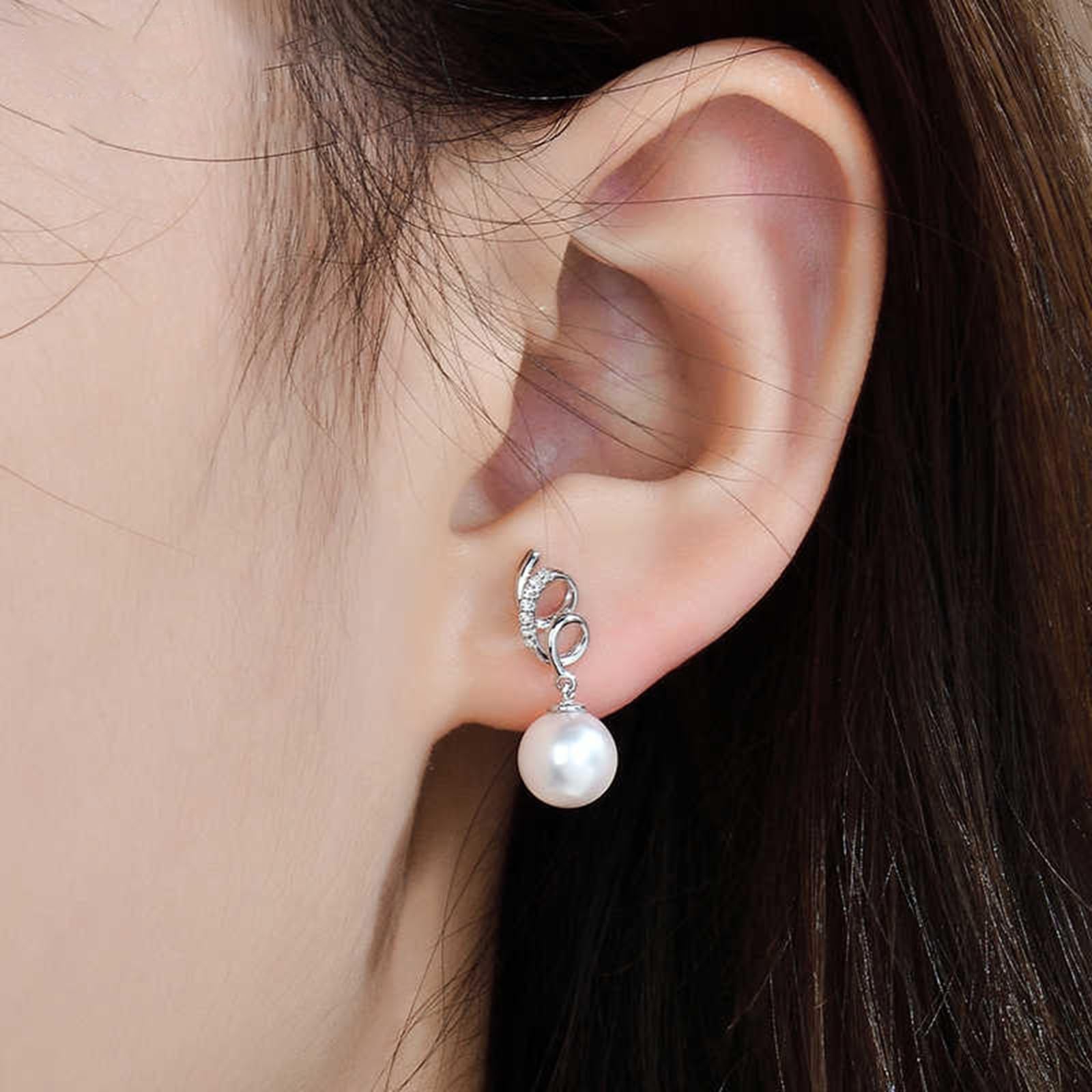 Orecchini Pendenti, Oro Bianco Orecchini di diamanti con perla pendente 7,5-8 mm