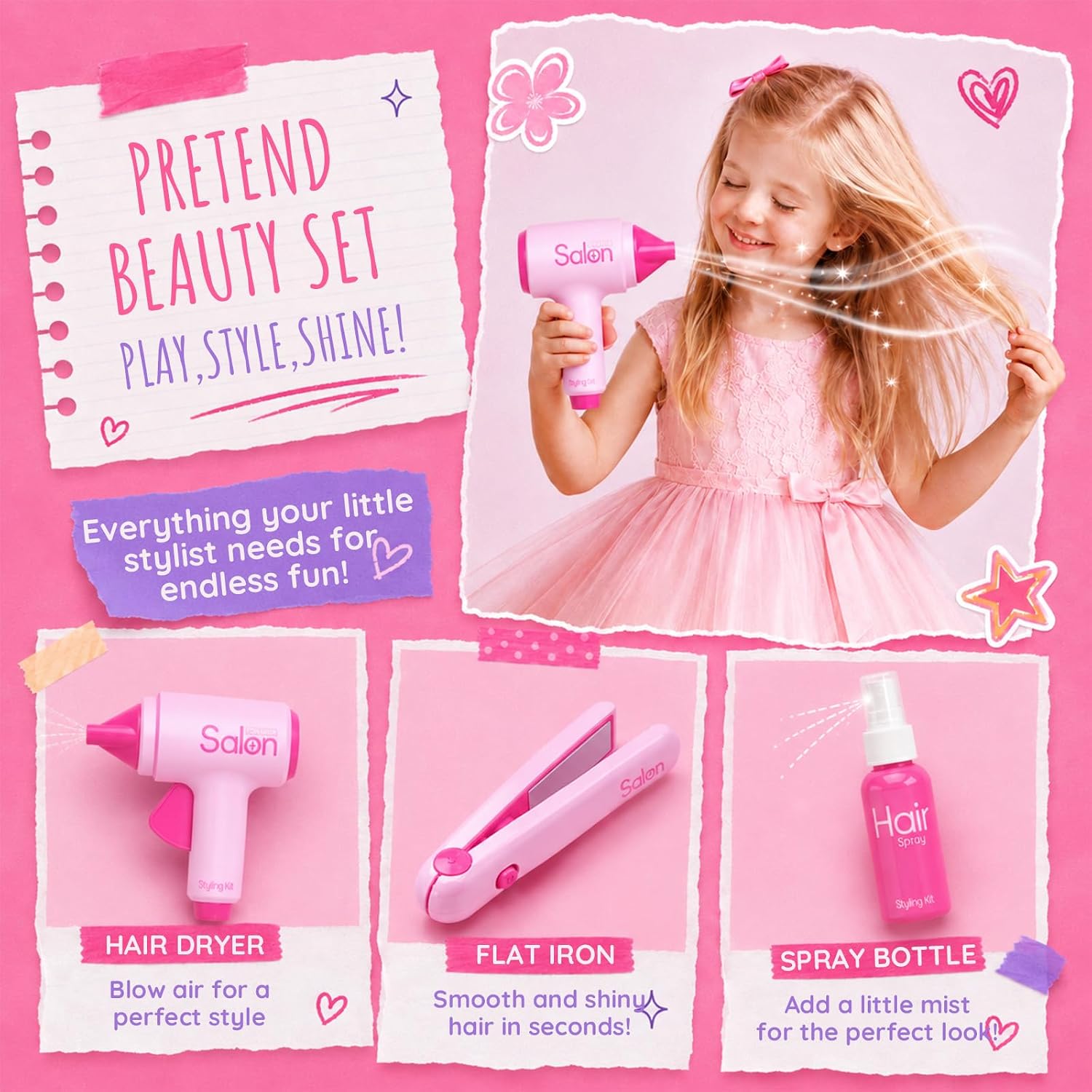 Pretend Play Hair Salon Toys, Kids Hair Styling Set for Girls 3 4 5 6 7 8 | Barber Role Play Kit with Hairdresser Accessories, Dress Up Toy Salon Set, Birthday Gift for Girls Age 3-8