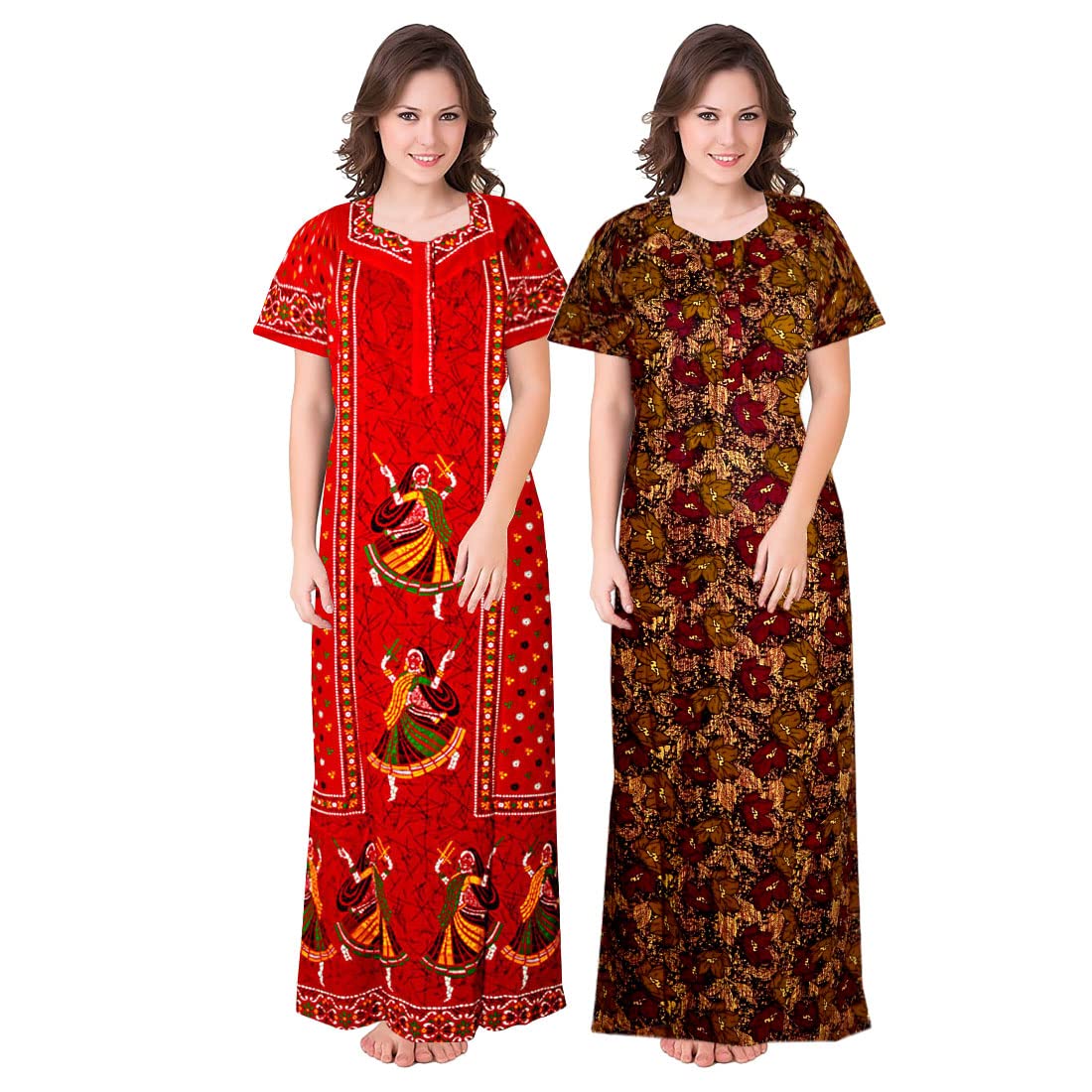 Ladies 100% Cotton Jaipuri Block Prints Nighty and Nightdresses Nighty (Combo Pack of 2 Pcs) Red-image-37