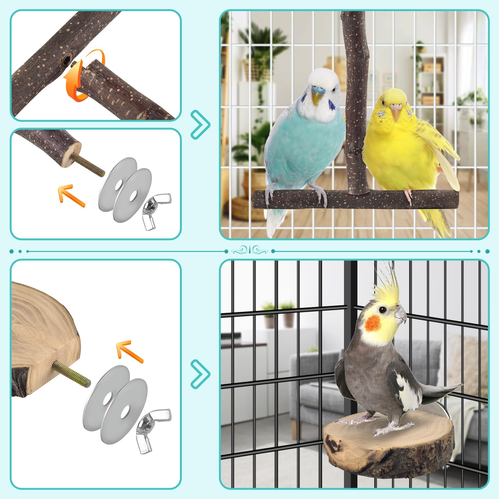 DBNESS Bird Perches, 6 Pcs Natural Wood Parrot Perch Stand Chew Toys, Hanging Multi-Branch Parrot Perch Platform Swing Toy Cage Accessories for Small Parakeets, Budgies, Lovebirds, Canaries, Finches - image 2