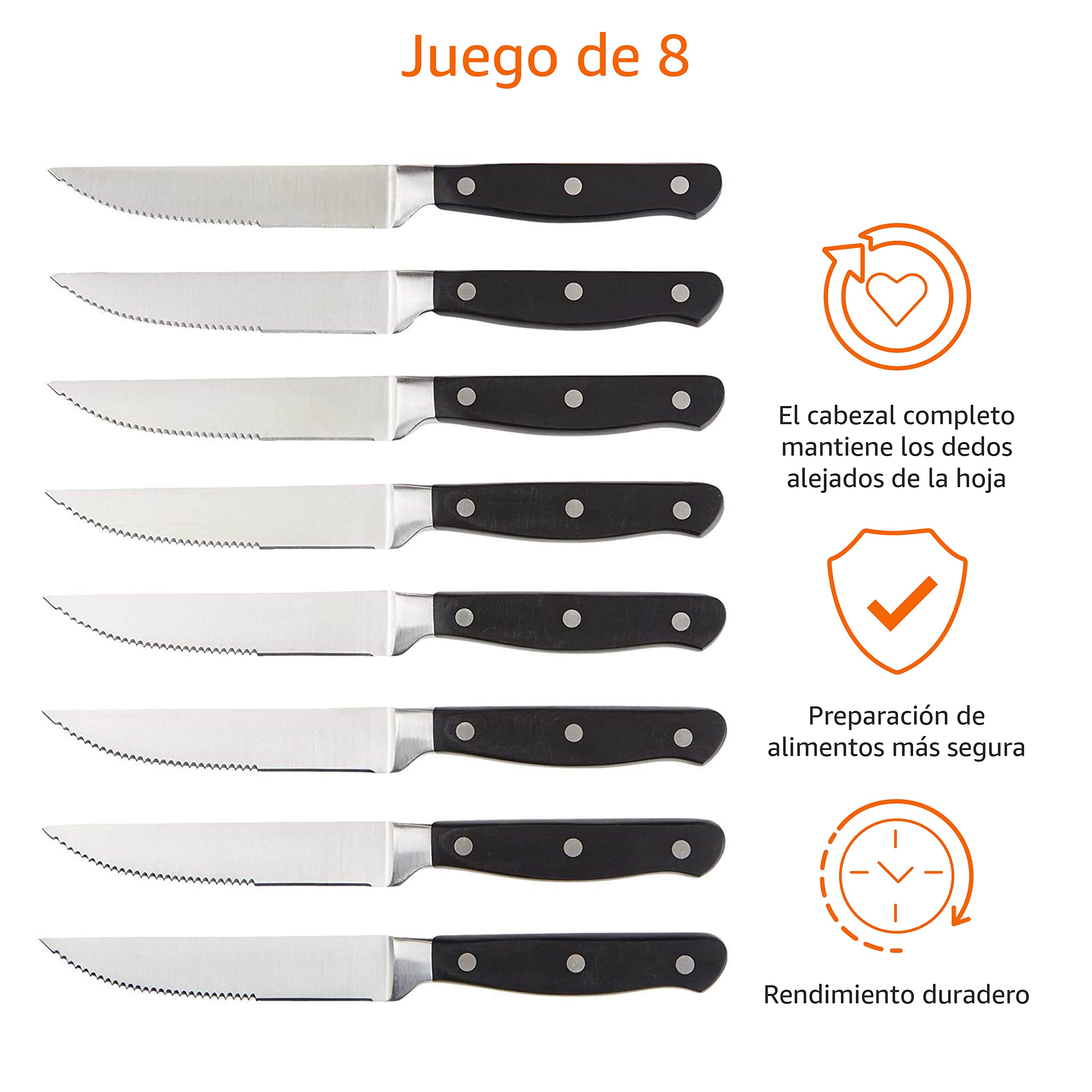 Amazon Basics Juego de cuchillos de carne, 8 Unidad, Negro/Acero inoxidable cepillado
