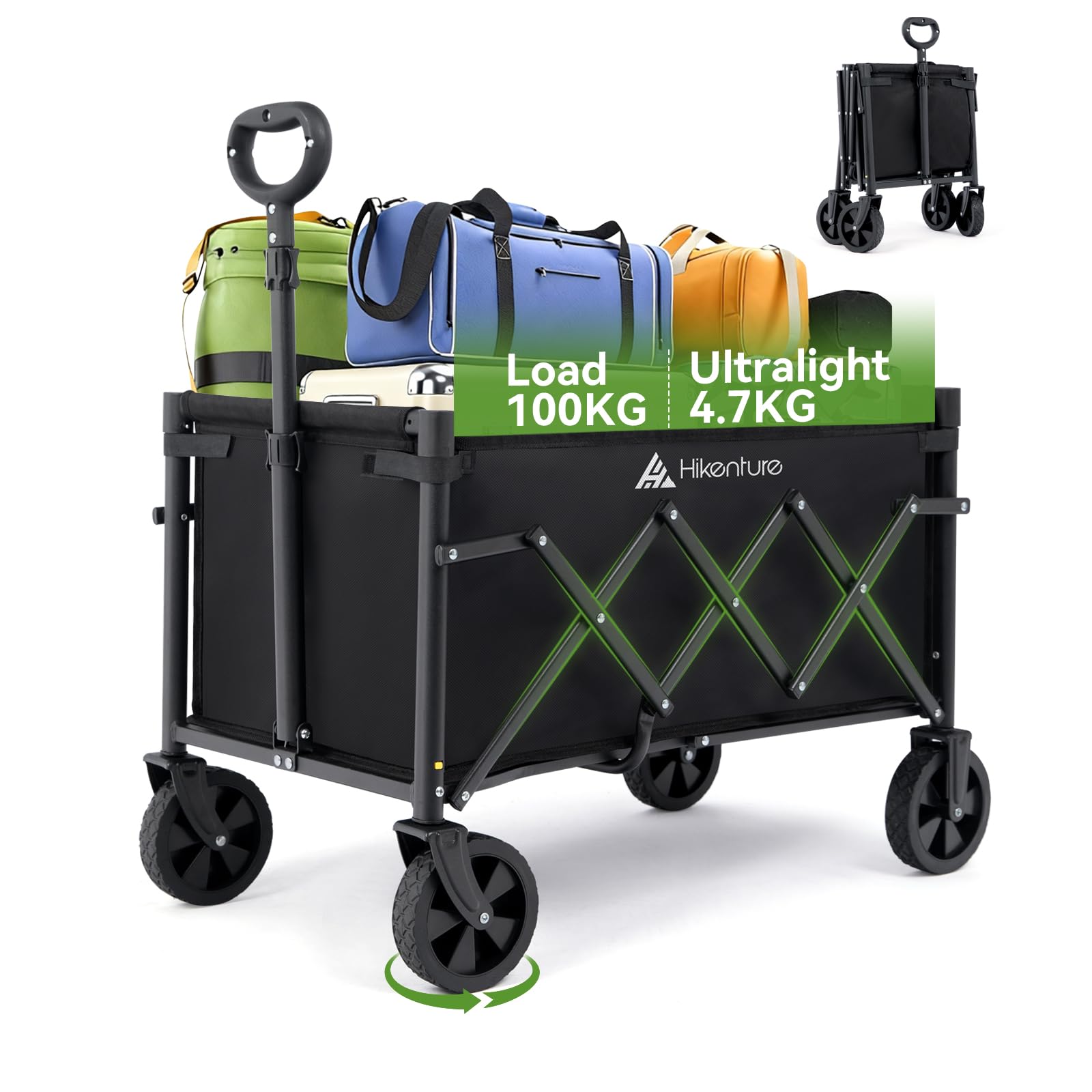 Hikenture Wagon Cart Foldable, Ultra-Compact Small Utility Folding Wagon, Heavy Duty Grocery Cart with All-Terrain Wheels, Portable Collapsible Wagon for Garden, Beach, Shopping, Camping, Sports