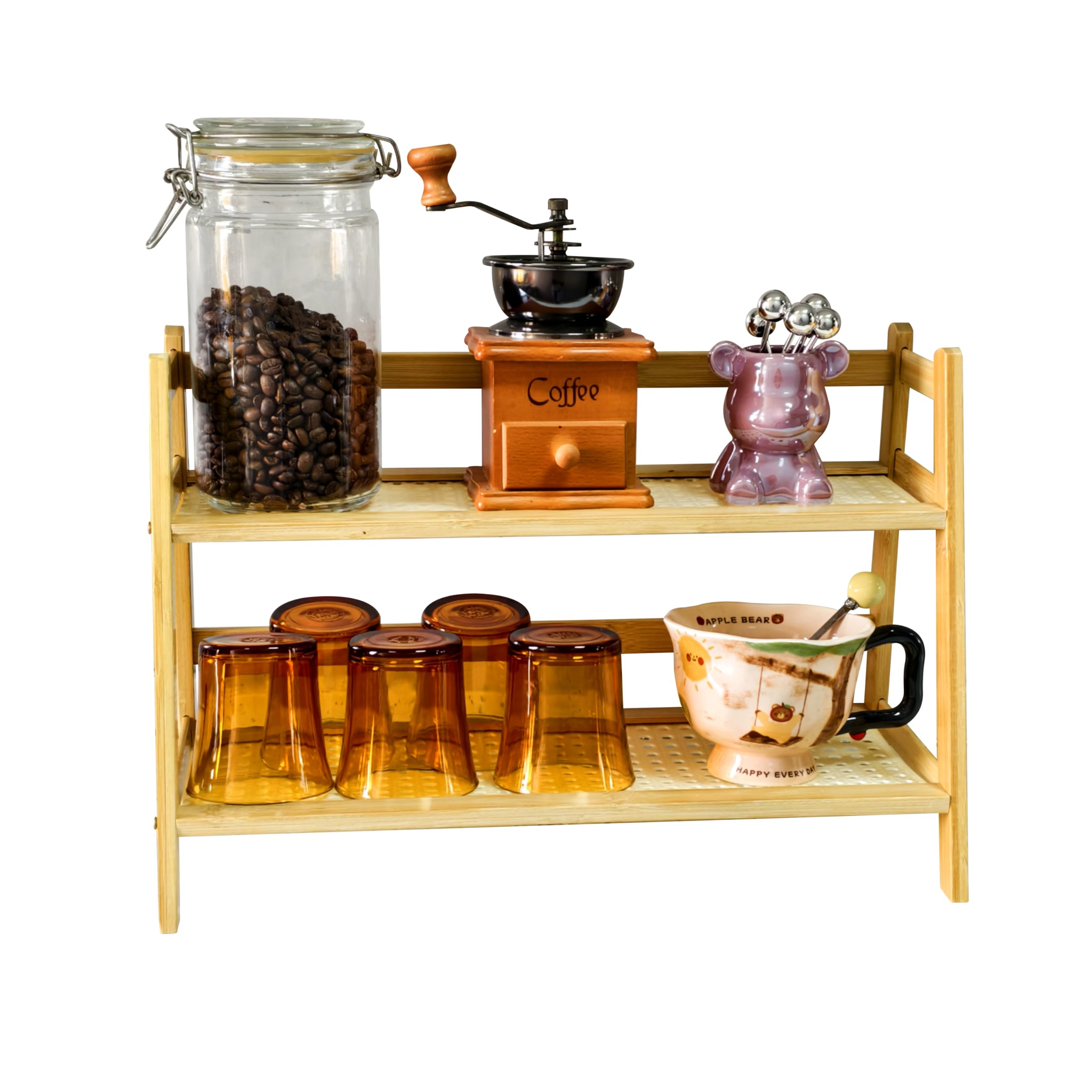 Wooden 2-Tier Storage Rack, Coffee Bar Organizer, Countertop Spice Shelf, Cupcake Dessert Display Stand, 15.4 x 6.9 x 11.2 Inches, Rustic Brown