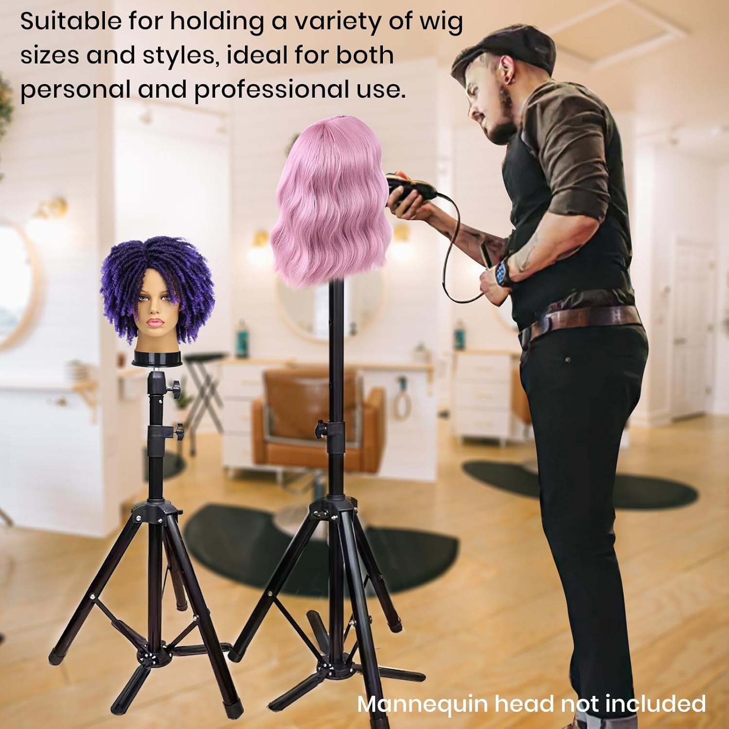 Sturdy and Adjustable Wig Stand Tripod, Foldable Tripod Metal Mannequin Head Stands - Perfect for Wig Storage, Styling, Hairdressing Training and Display (With Carrying Bag)