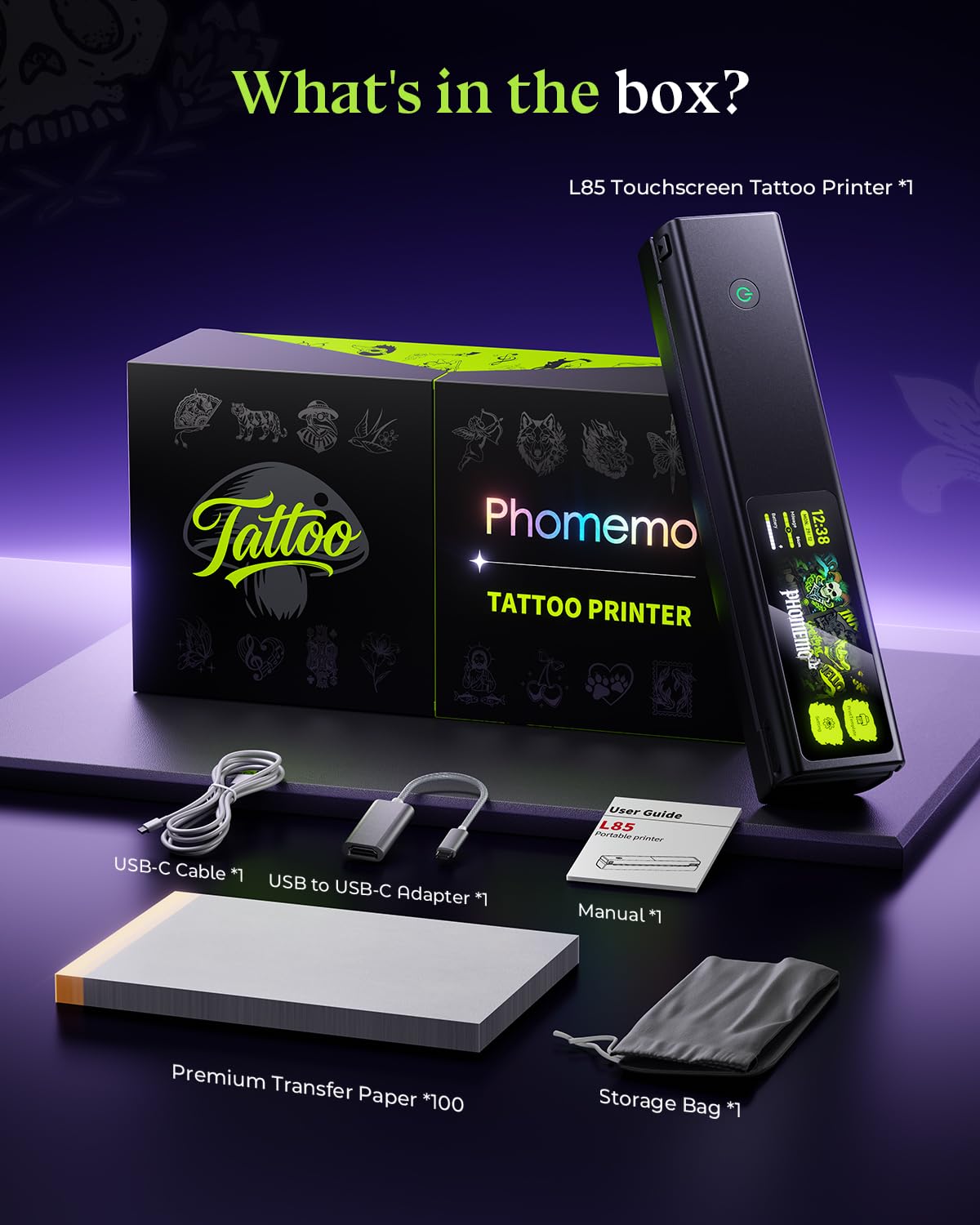 Phomemo L85 Stampante Stencil Tattoo con 5" Touchscreen, Termica | Stampante per Tatuaggi 100 Fogli Carta Trasferimento di Alta Qualità, per Artisti Professionisti e Principianti