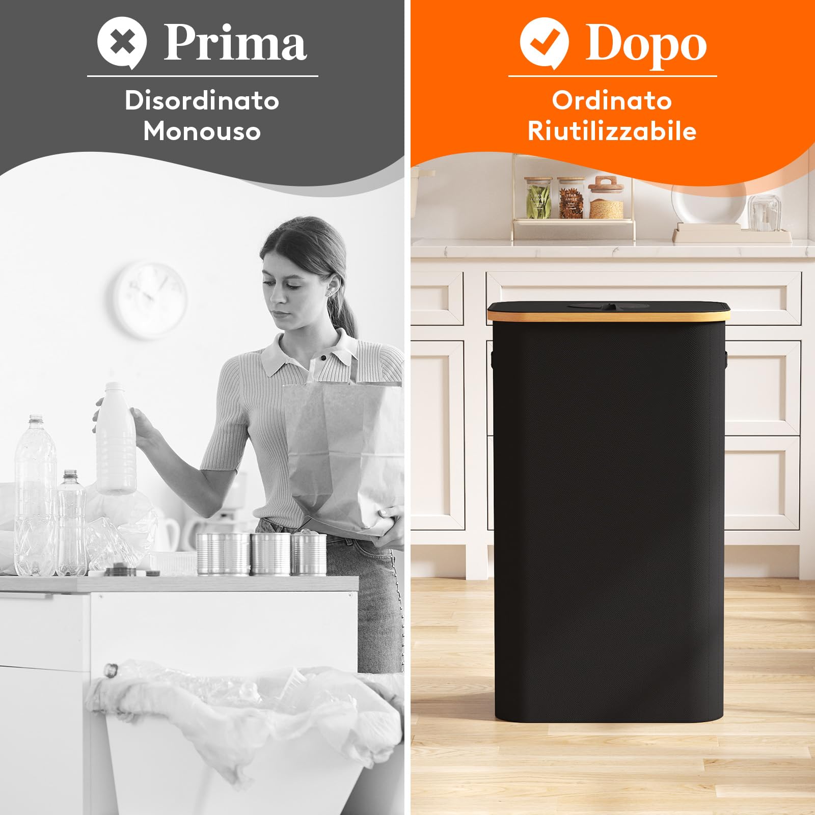 Lifewit Pattumiera Raccolta Differenziata 100 L Portatile, Contenitore per Bottiglie di Vetro e Plastica, Grande Bidone in Bambù per la Raccolta Selettiva, Nero