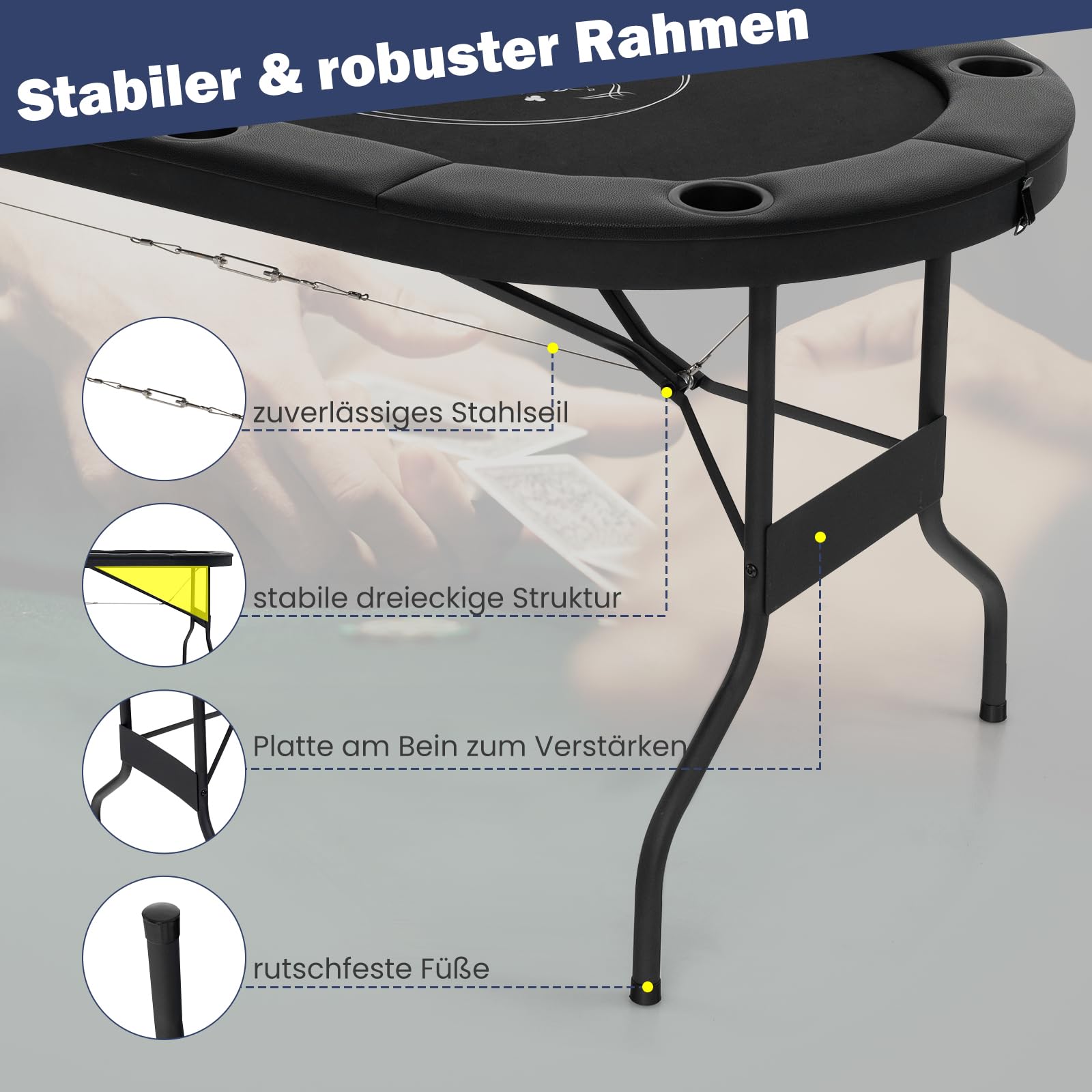 GOPLUS Pokertisch für 8 Spieler 182 cm klappbarer Kartenspieltisch mit Getränkehaltern aus Metall
