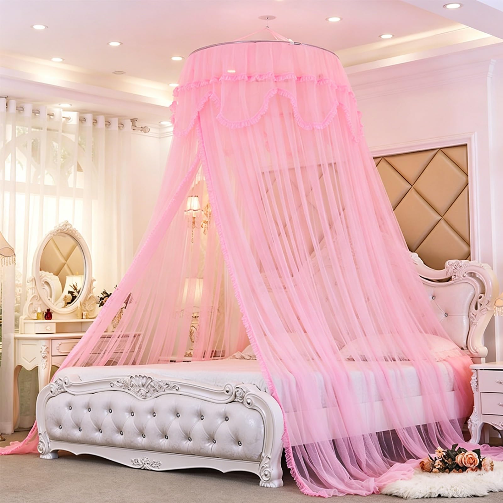SARKEY Moskitonetz Betthimmel Für Mädchen,Hängende Bettnetzabdeckung Schlafzimmer,Prinzessinnen Baldachin,Runde Kuppelspitze,Erwachsene,Hochzeit,Dekoration(Pink)
