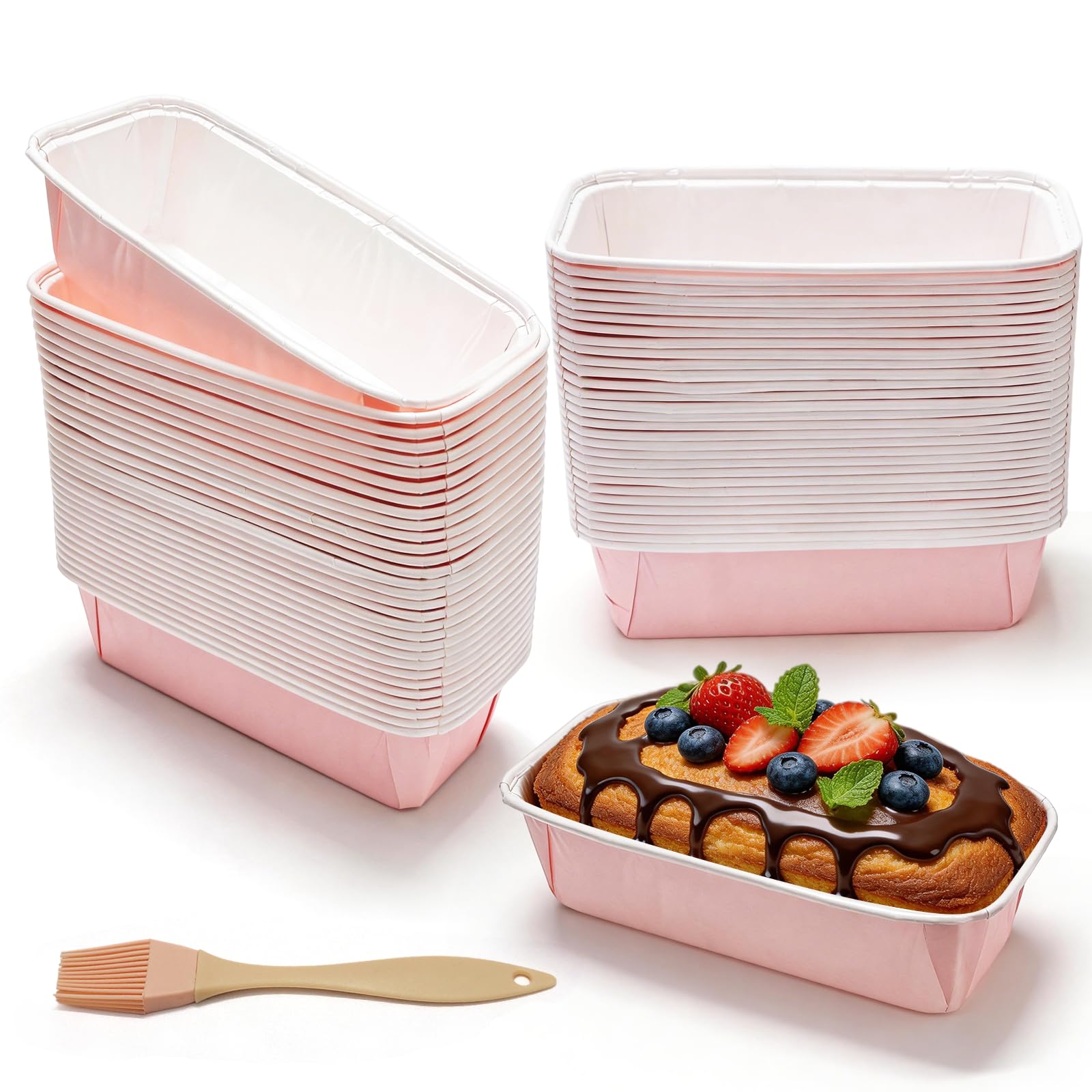 HavaCue 60 Pcs Mini Loaf Cake Cases Paper, Pink Greaseproof Mini Loaf Cases for Baking, Rectangular Paper Cake Pans for Baking Bread Cake Dessert Wedding Birthday Party Holiday Christmas
