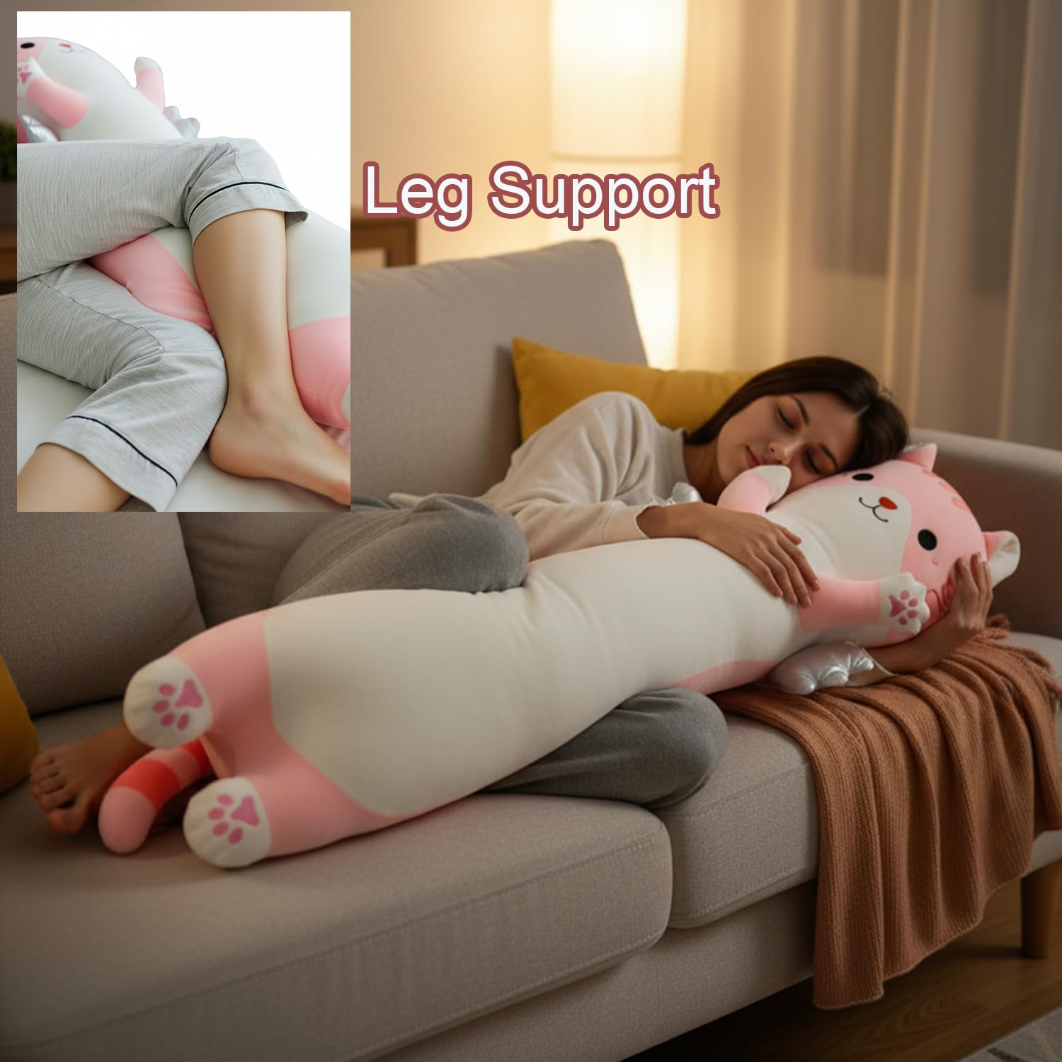 Kekeso Cuscino Peluche Gatto Lungo, Cuscino Corpo Gatto Carino con Ali, Peluche Kawaii Morbido da Abbracciare - Regalo per Bambini a Natale, San Valentino & Compleanno(Rosa, 110cm/43.31in)