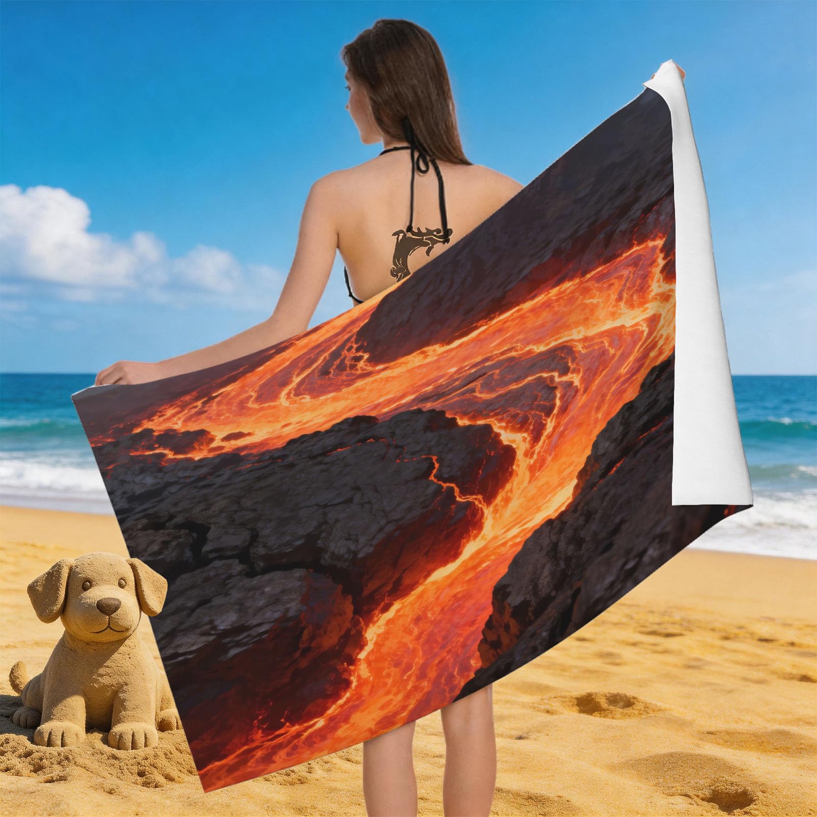 Leichong 3D Volcanic Lava Beach Towel Microfiber Soft Quick Dry for Adults, Hot Lava Bath Towel Lightweight Soft Absorbent for Travel Swimming Pool Sports, 75 x 150 cm