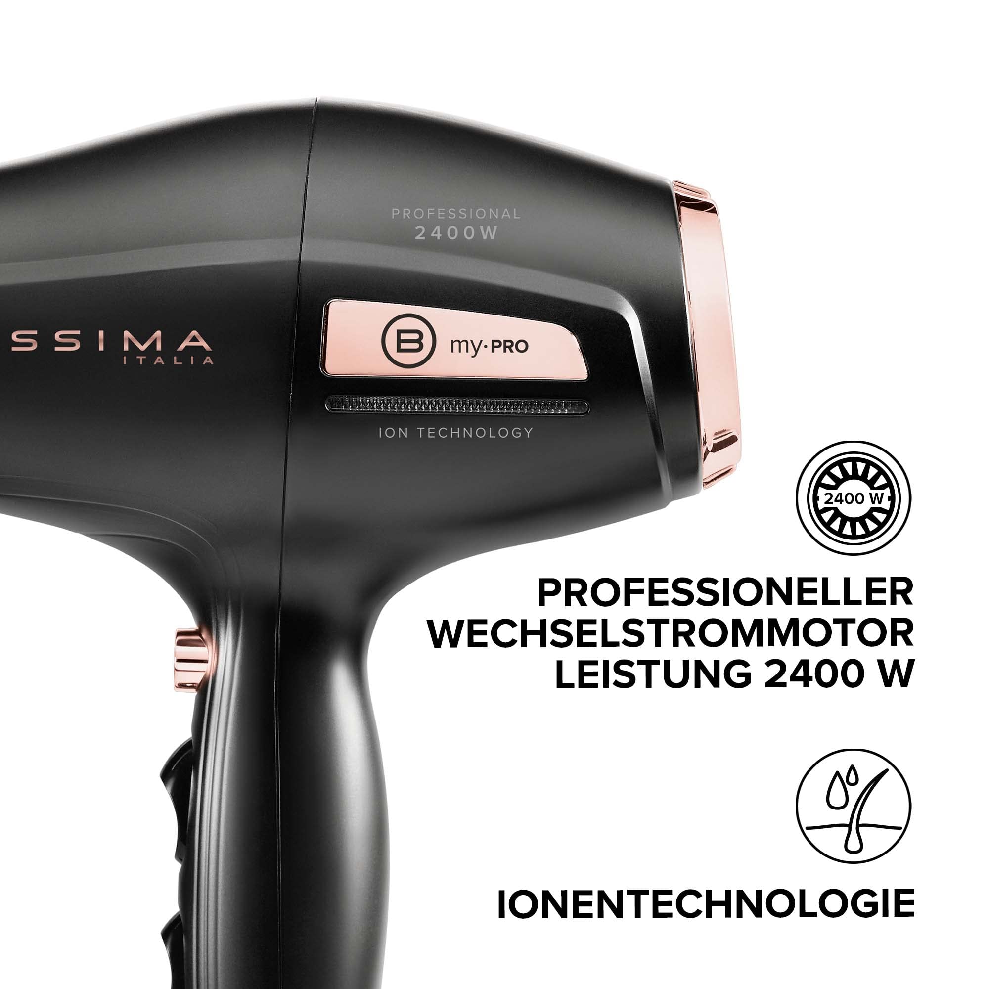 Bellissima My Pro P3 3400 Haartrockner mit professionellem Wechselstrommotor, Ionentechnologie für weiches, feuchtes und strahlendes Haar, keramikbeschichtetes Gitter, 2400 W Leistung