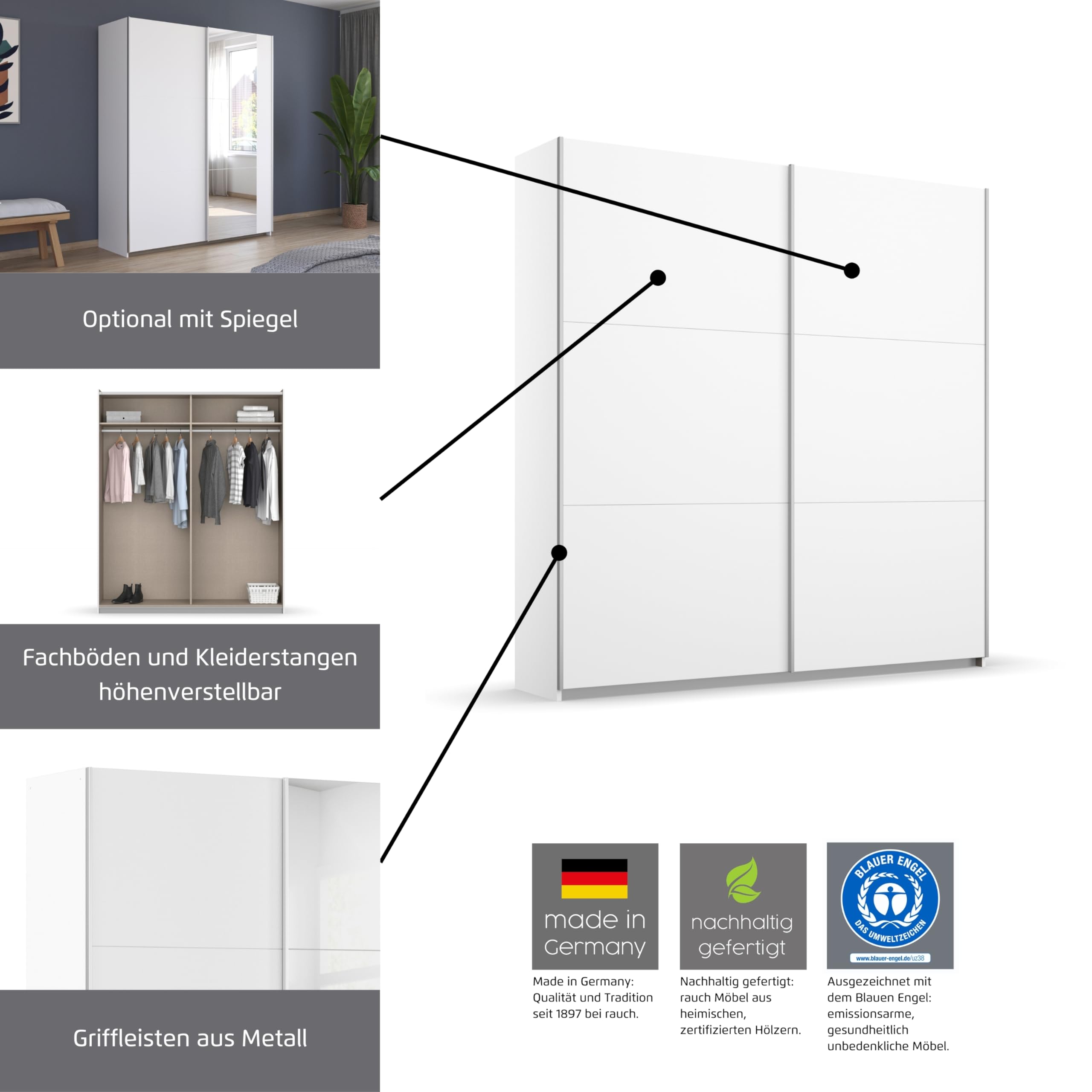 Rauch Möbel Aurelio, Schwebetürenschrank, Farbe Weiß, Breite 261 cm | Kleiderschrank mit Schwebetüren, Schiebetüren, 2-türig, für Schlafzimmer, Kinderzimmer, Wohnzimmer, Gästezimmer, Garderobe