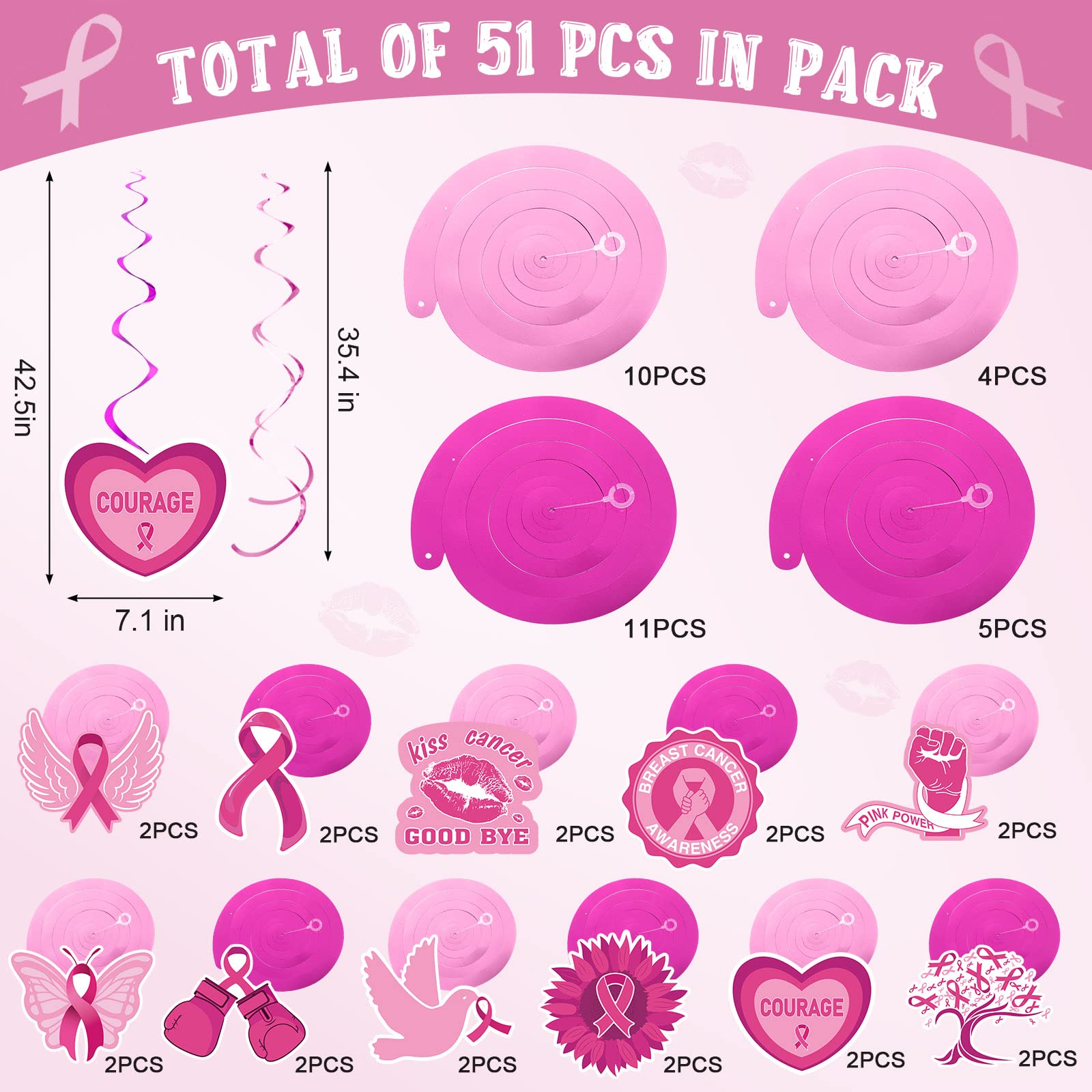 51 Pieces Breast Cancer Awareness Party Decoration Breast Cancer Awareness Hanging Swirls Pink Paper Ribbon Ceiling Streamers Decor for Breast Cancer Awareness Month Party Wall Home Supplies