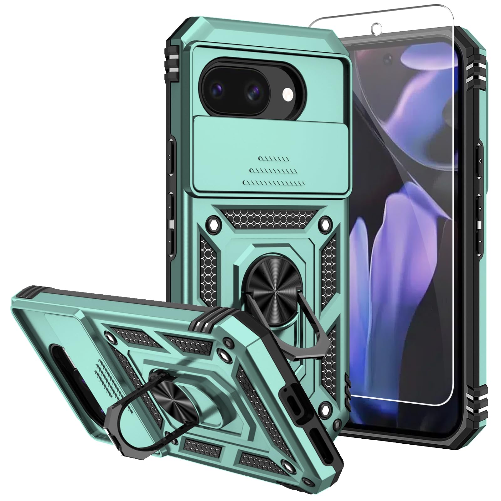 SKMY for Pixel 9a Case,with Screen Protectors and Camera Cover,[Military Grade] 16ft.Drop Tested Cover with Magnetic Kickstand Protective Case for