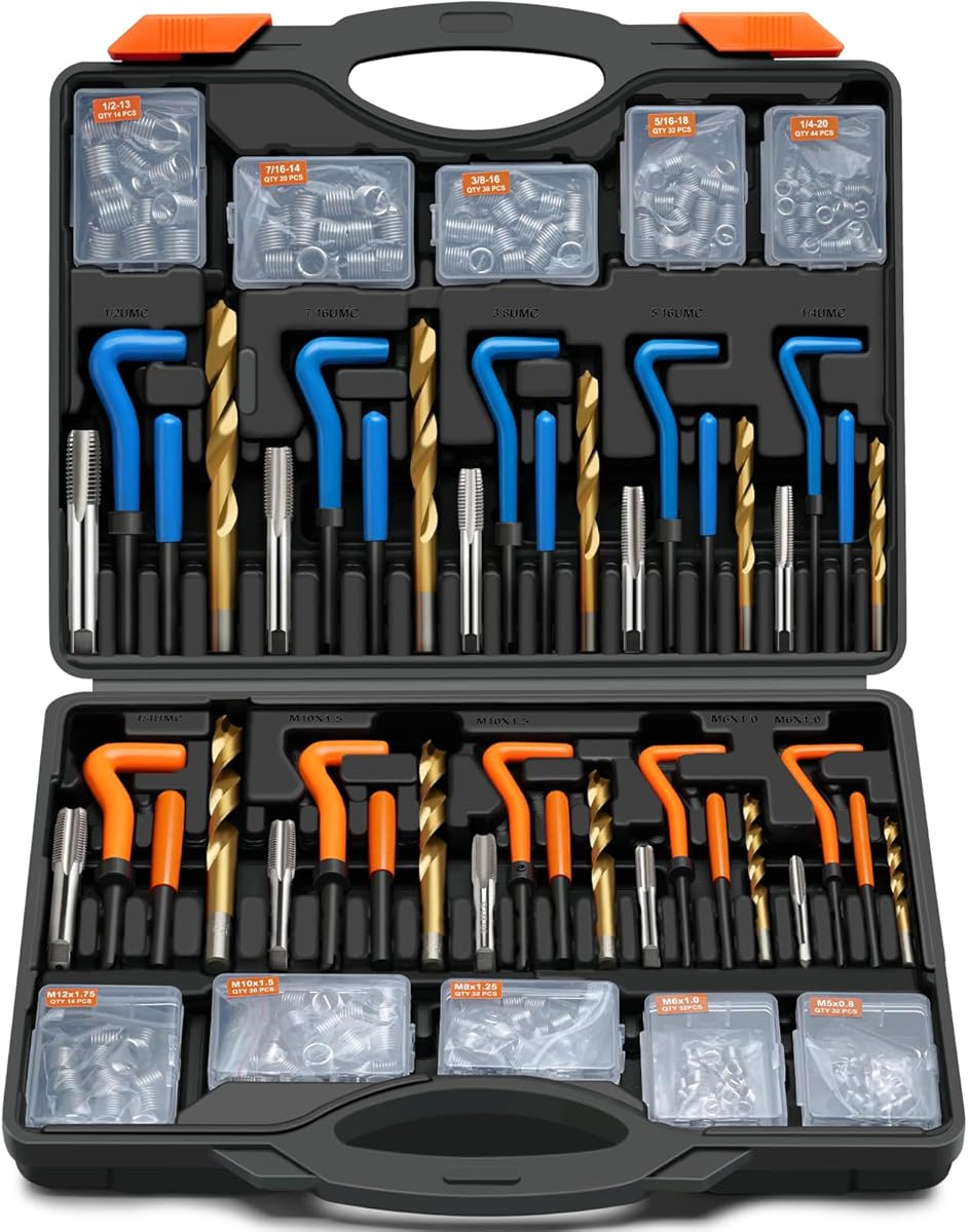 320PCS Helicoil Thread Repair Kit, Metric & SAE Heli Coil Insert Set with HSS Drill Bits, 304 Stainless Steel Spark Plug Rethreading Tool for Automotive Engine & Machinery