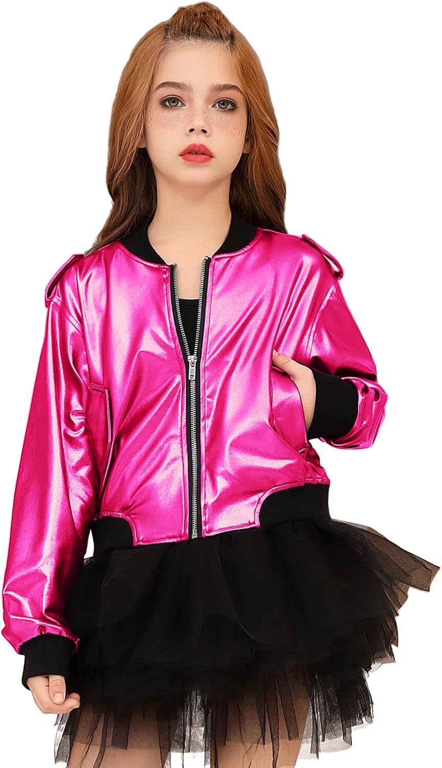 Perfashion Metallic Bomber Jacket for Girls Zip Up Cropped Jacket Sparkly Lightweight Coat Windbreaker with Pockets