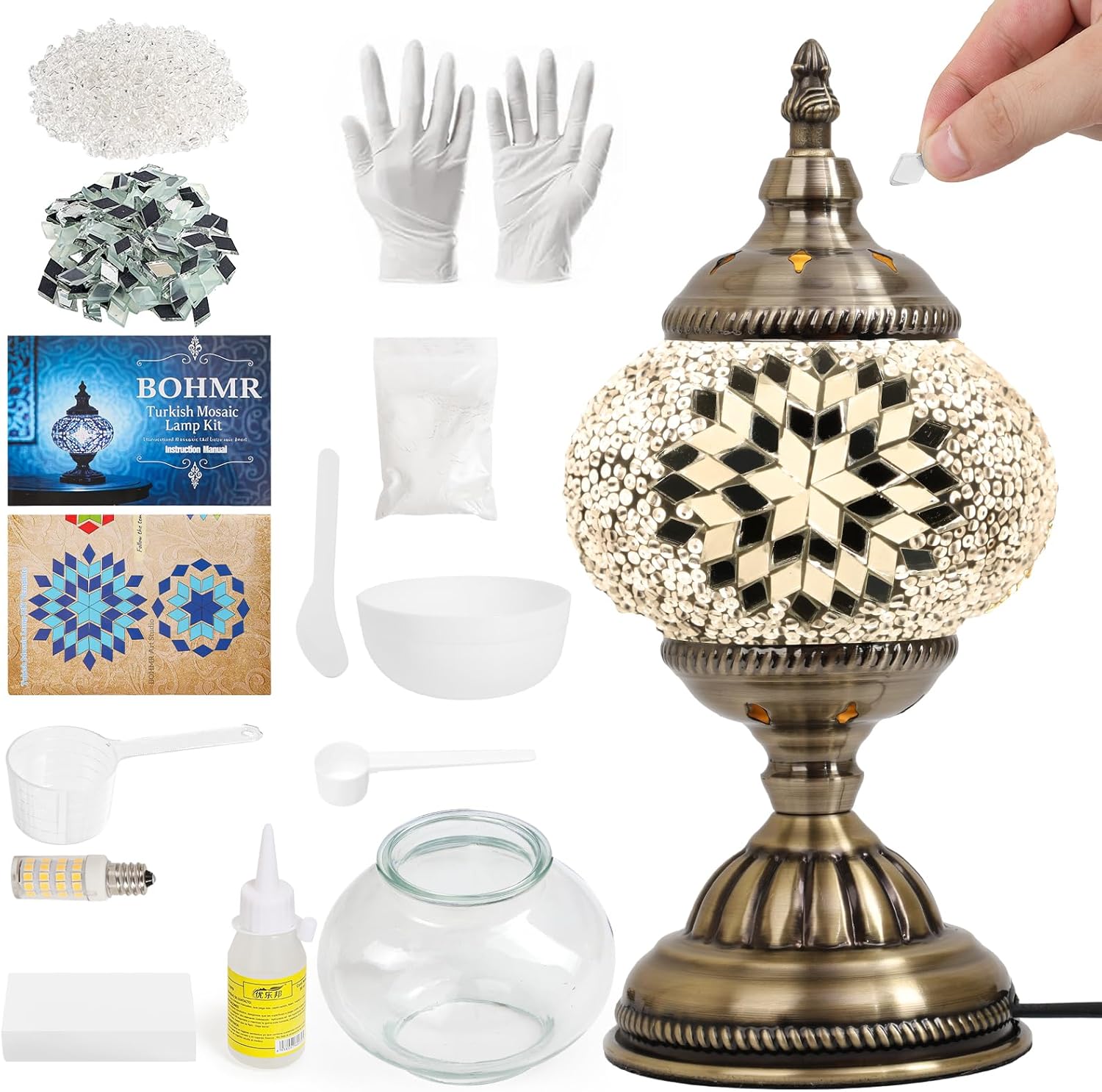 DIY Turkish Mosaic Lamp Kit, Stained Glass Table Lamp Making Kit- Easy and Fun, No Experience Needed, Mosaic Art & Craft Project Kits for Adults & Teens, Make Your Own Table Lamp,White