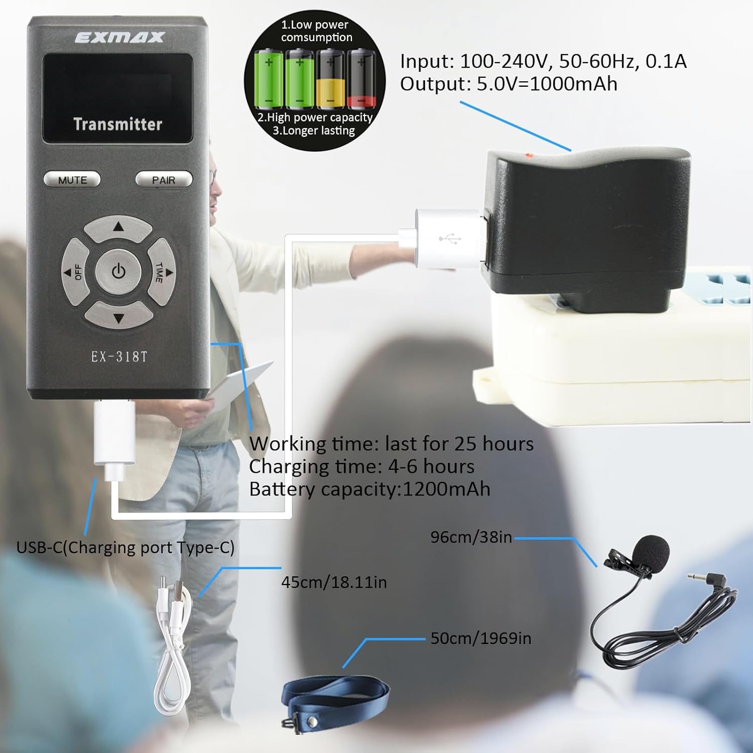 EXMAX-EX-318 2.4G Wireless Audio Voice Tour Guide System Transmitter with Headset Microphone for Church,Classroom Lectures,Seminars,Training,Travel,Exhibition,Hajj,Conference,Wedding(1 Transmitter)