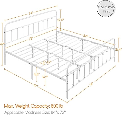 Miniatura 2 de Yaheetech Base de cama clásica de metal con base de colchón con estilo victoriano, cabecera, estribo, almacenamiento debajo de la cama, no necesita
