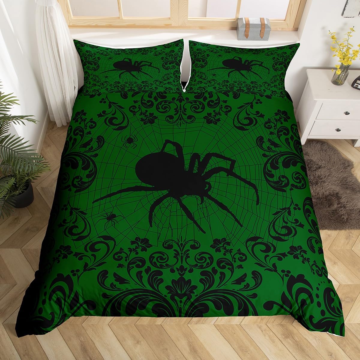 Halloween Gothic Bedding Sets Double Retro Green Black Damask Spider Comforter Cover for Kids Adults,Floral Goth Duvet Cover Hippie Halloween Animal Quilt Cover Zipper