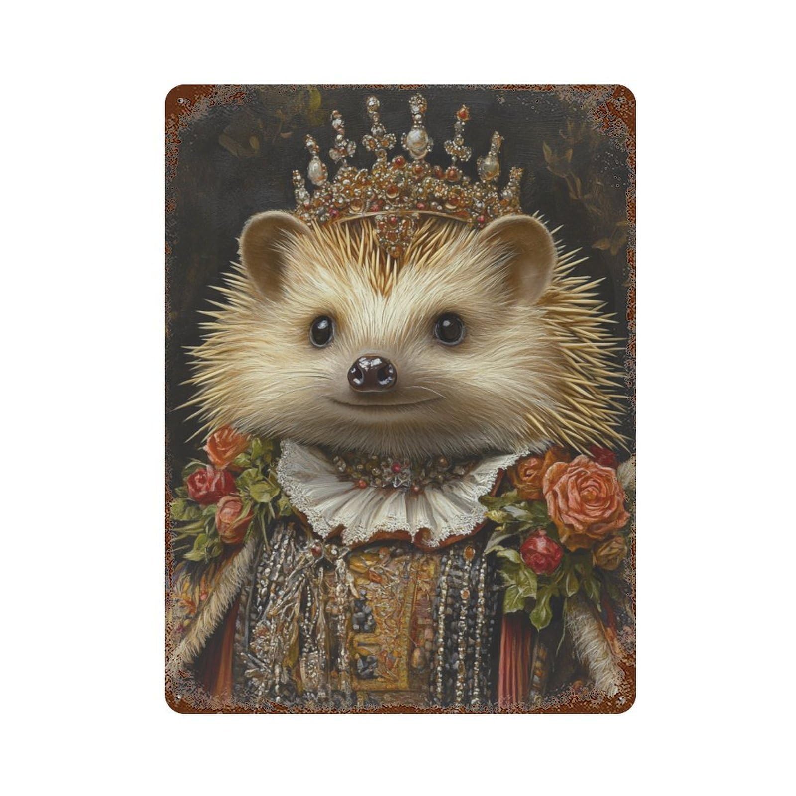 Garage Style Royal Hedgehog Portrait-1 Distressed Metal Wall Sign 15.7"x11.8", Novelty Wall Decor for Bar And Workshop
