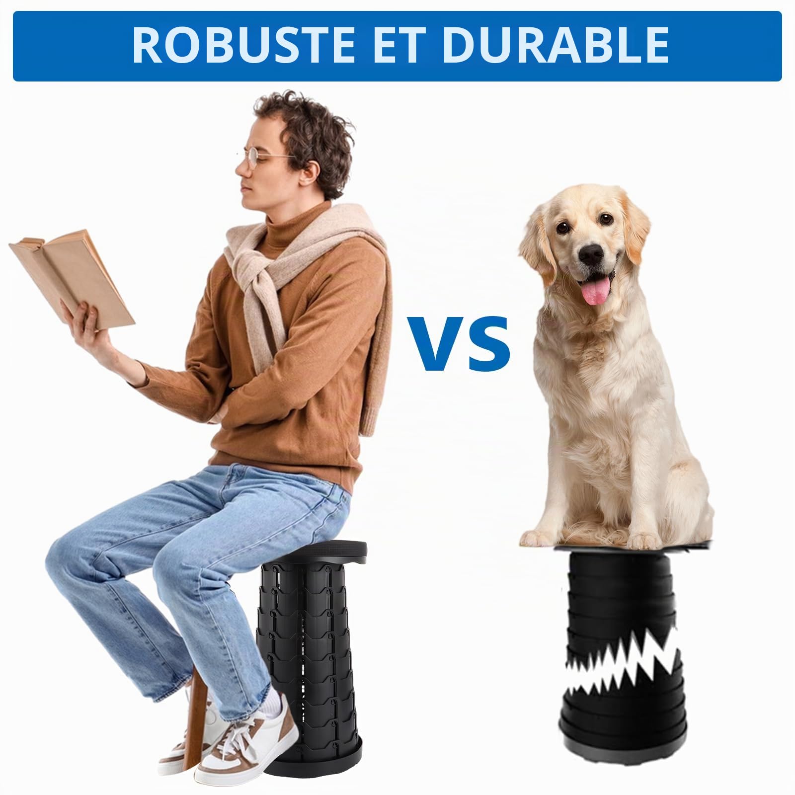 DAJAVE Lot de 2 tabourets télescopiques pliables et portables avec grande capacité de charge - Pour l'extérieur, le camping, la pêche, les familles en intérieur - Noir