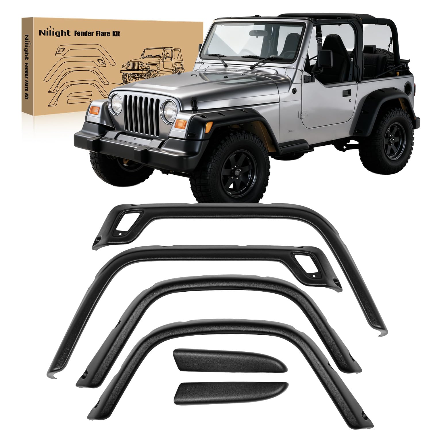 Nilight Fender Flares Kit Fit for Jeep Wrangler TJ 1997-2006 1998 1999 2000 2001 2002 2003 2004 2005 Front&amp;Rear 6" Wide Wheel Fender Flares Cover Factory Style Automotive Fender Flare Set, 6Pcs