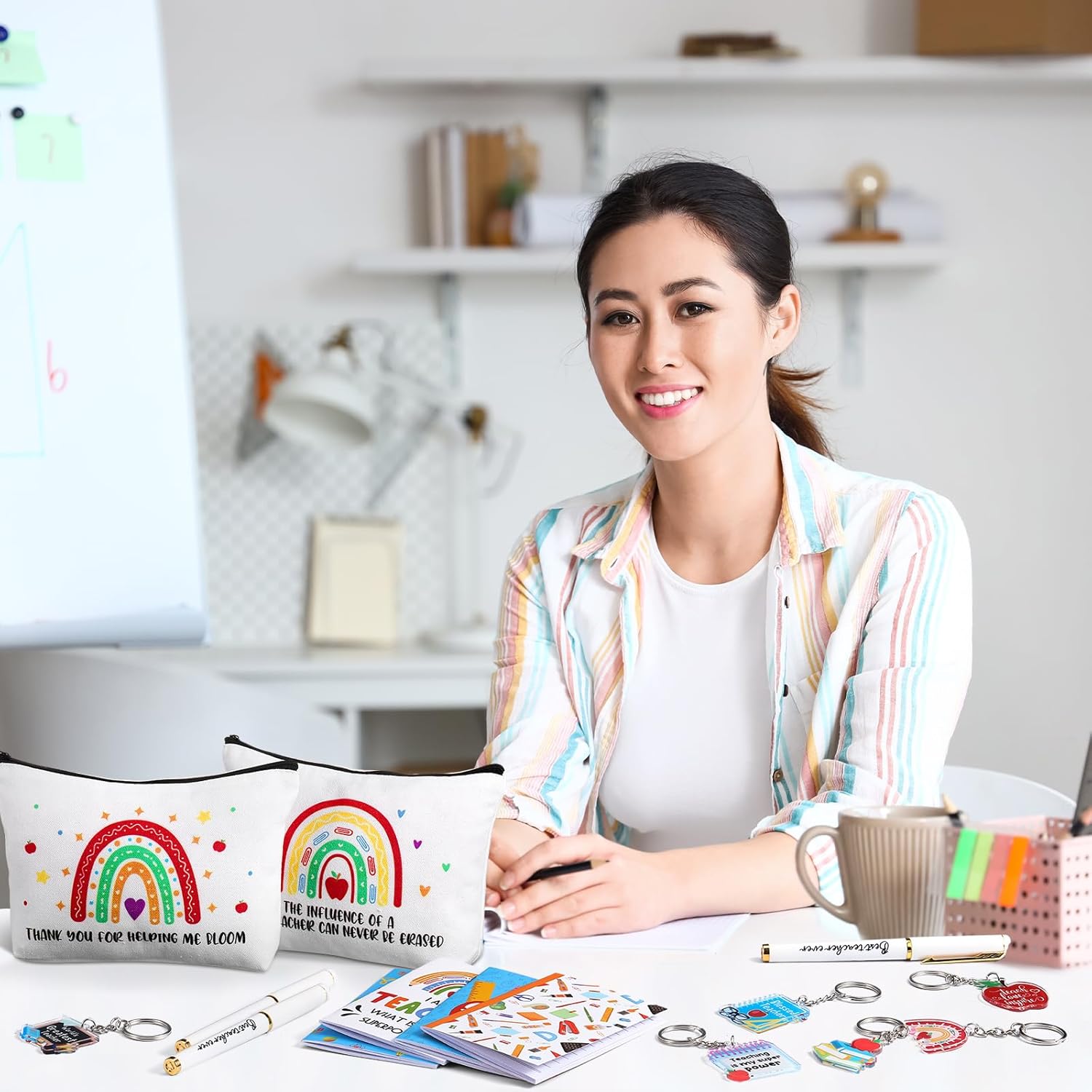Yeaqee 48 Pcs Teacher Appreciation Gifts Set Include 12 Canvas Makeup Bag Cosmetic Pouch 12 Ballpoint Pens 12 Keychains 12 Journal Notebook for Women Teacher Week Gifts(Rainbow Style)