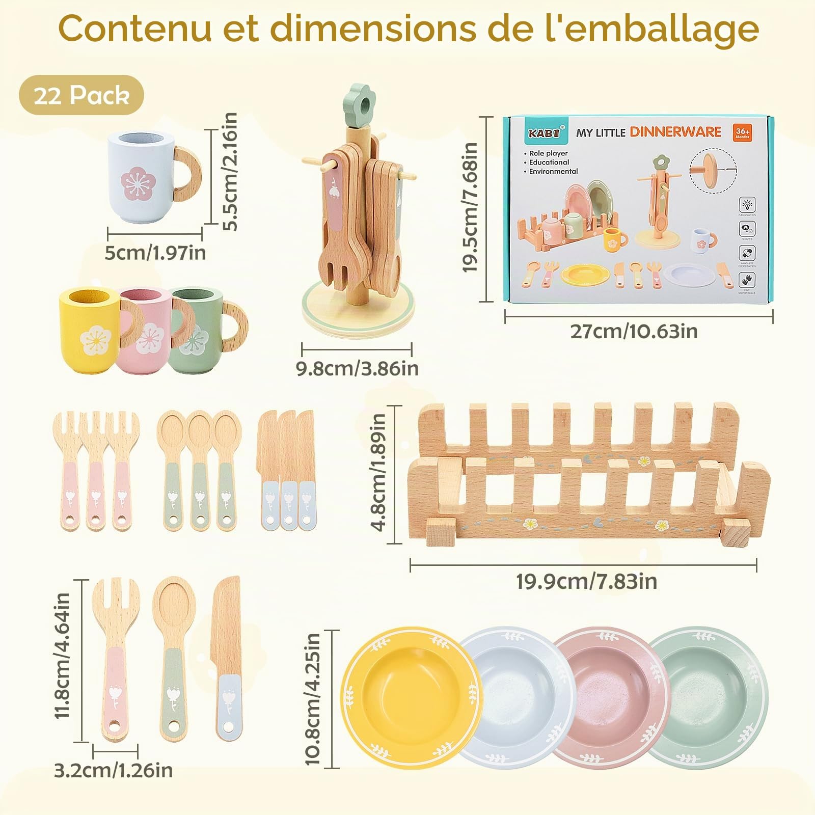 Dinette en Bois Enfant, Lot de 22 Jouets de Cuisine en Bois pour 4 Personnes, Jeu de Vaisselle de Cuisine, Accessoires Cuisines pour Enfant, Jouet de Jeu de Rôle pour Filles Garçons 3+ Ans