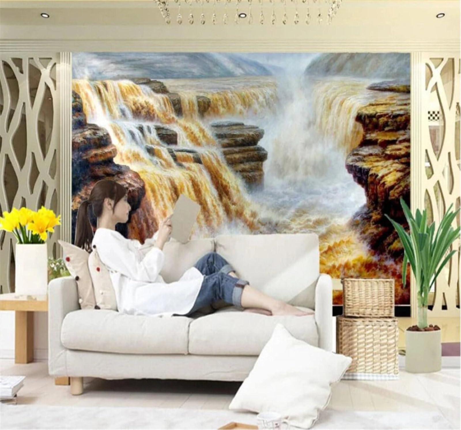Xlming 400Cm×280Cm(B×H) Three Dimensional Magnificent Mountain Peaks Waterfalls Scenery 3D Wallpaper Luxury Silk Study Dining Feature Sofa Grey Bedroom Living Room Tv Decorative Wall-400Cm×280Cm