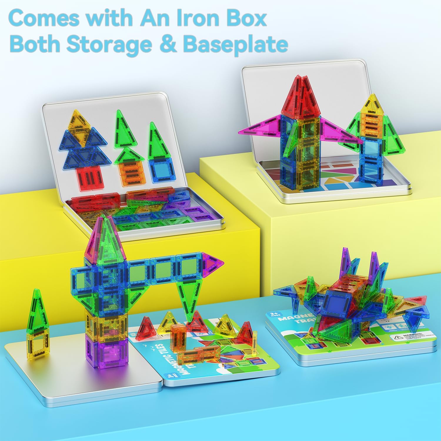 Mini Magnetic Tiles, 58PCS Travel Magnetic Tiles with Iron Box, STEM Educational Construction Toys for Kids Ages 3+, Portable Building Toys Gift for Boys & Girls