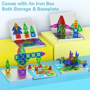 Mini Magnetic Tiles, 58PCS Travel Magnetic Tiles with Iron Box, STEM Educational Construction Toys for Kids Ages 3+, Portable Building Toys Gift for Boys & Girls