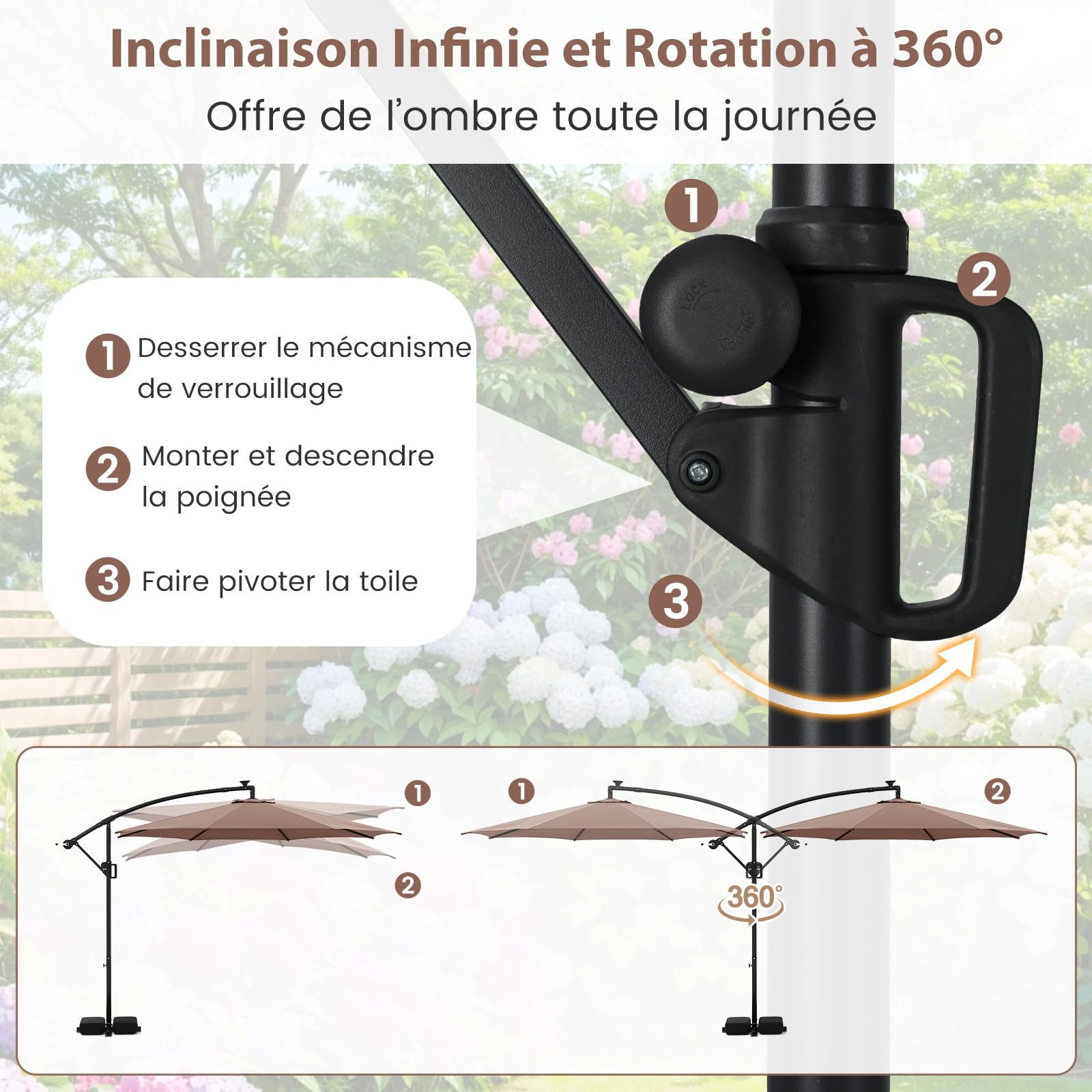 RELAX4LIFE Parasol Déporté 3x3M LED Solaire 96 Lumières 7 Modes (Marron)