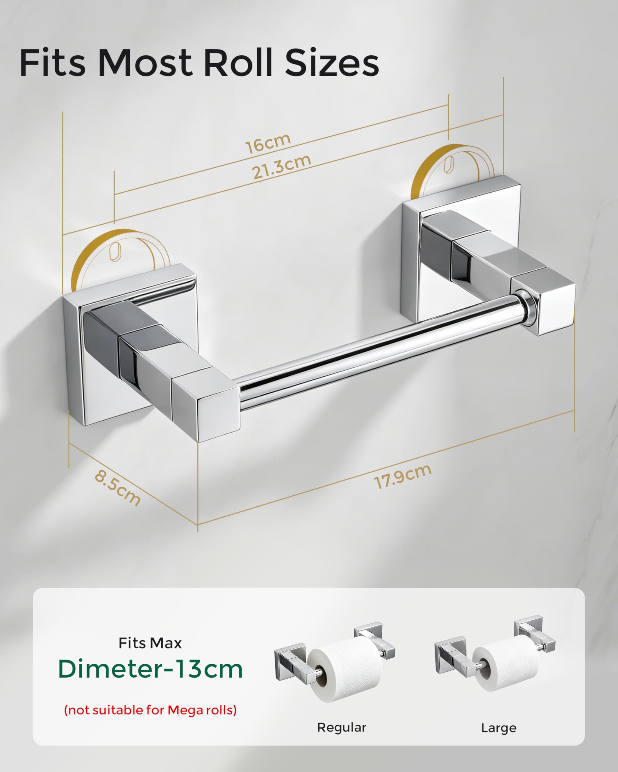 Porta rotolo di carta igienica da parete, in acciaio inox, con doppio palo girevole, base quadrata, per bagno e bagno, porta rotolo di carta igienica antiscivolo (cromato)