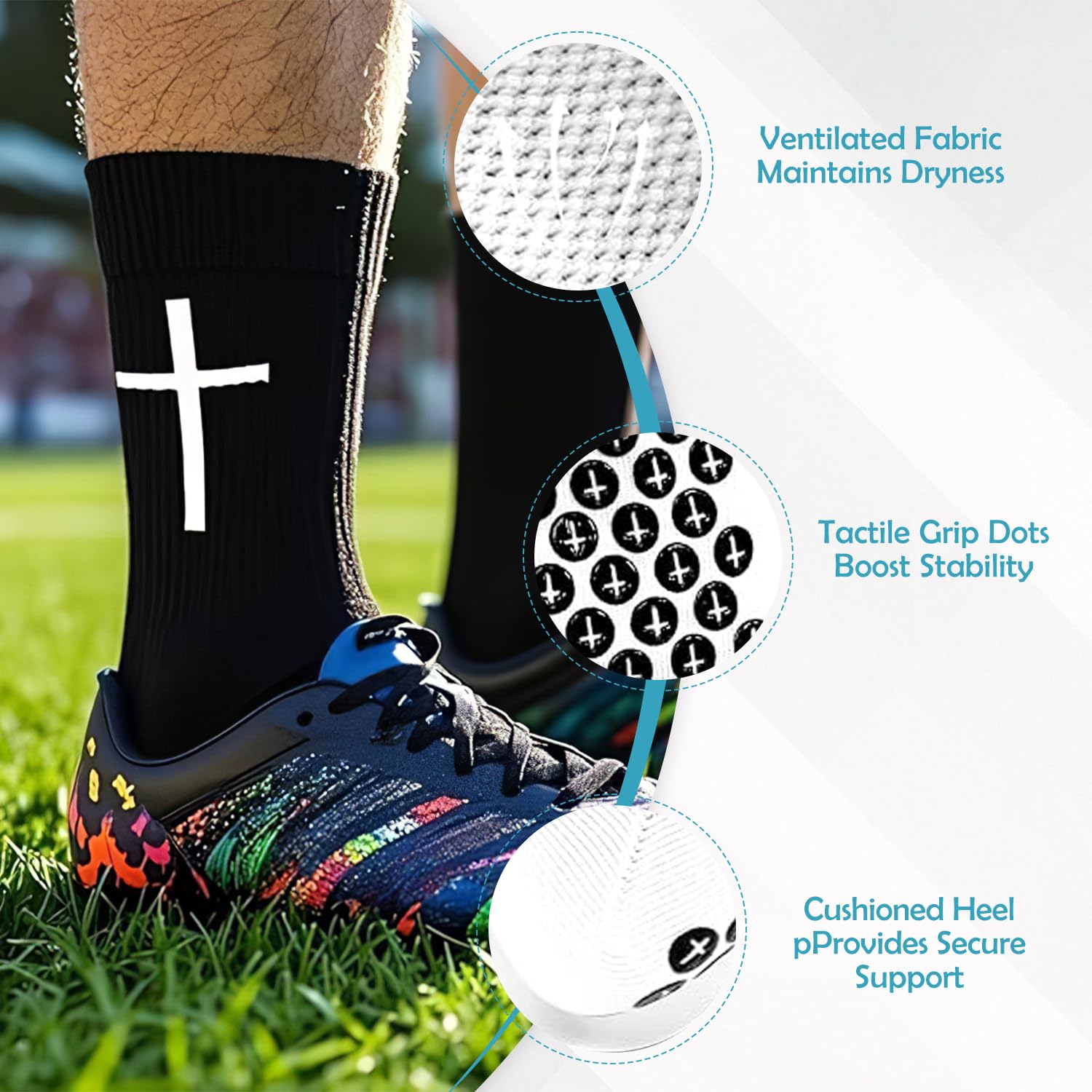 TecoKart® Football Socks – 2 Pairs Grip Socks for Footballers, Anti-Slip Football Grip Socks for Men & Boys, Comfortable Grip Socks Football for Training & Matches (Black & White) 1