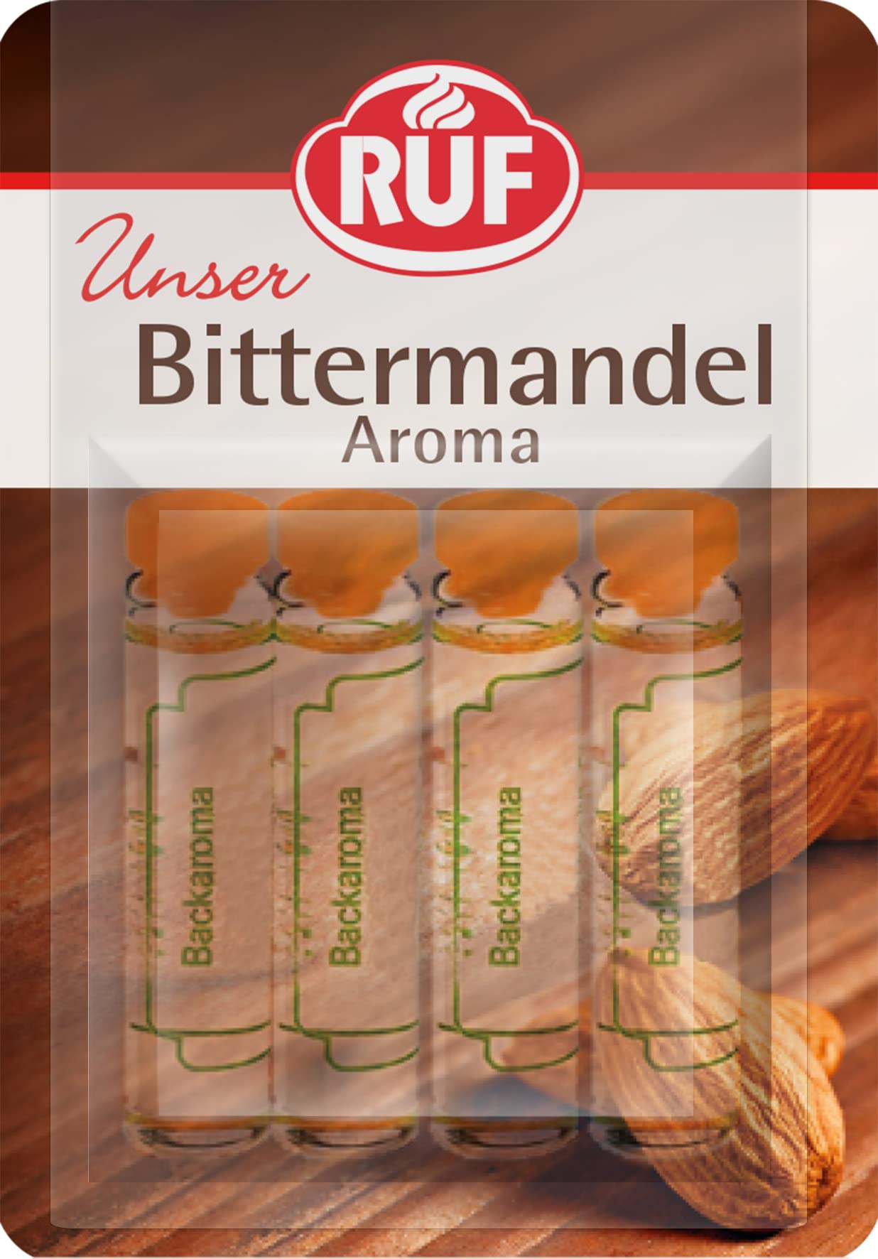 RUF Backaroma Bitter-Mandel, 4 Fläschchen Mandel-Aroma für Kuchen, Torten, Waffeln oder Plätzchen, tröpfchenweise dosierbar, glutenfrei, vegan