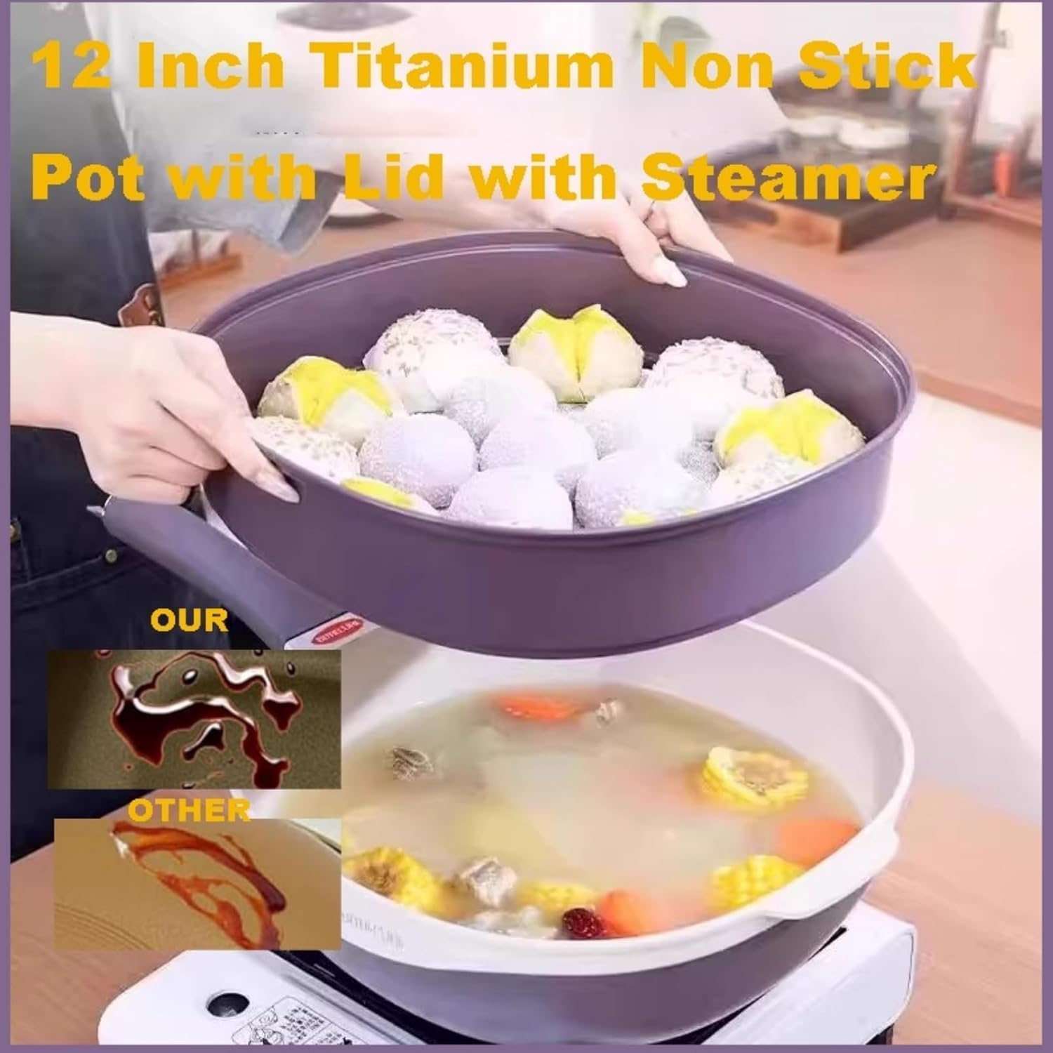 Titanium Ceramic Non-Stick Pan, 12 Inch Frying Pan with Lid, Titanium Pans for Cooking Nonstick Frying Pan Cookware Sets, with Stay-Cool Handles, for Cooking, Frying (Purple-A, Pot + Lid + Steamer)