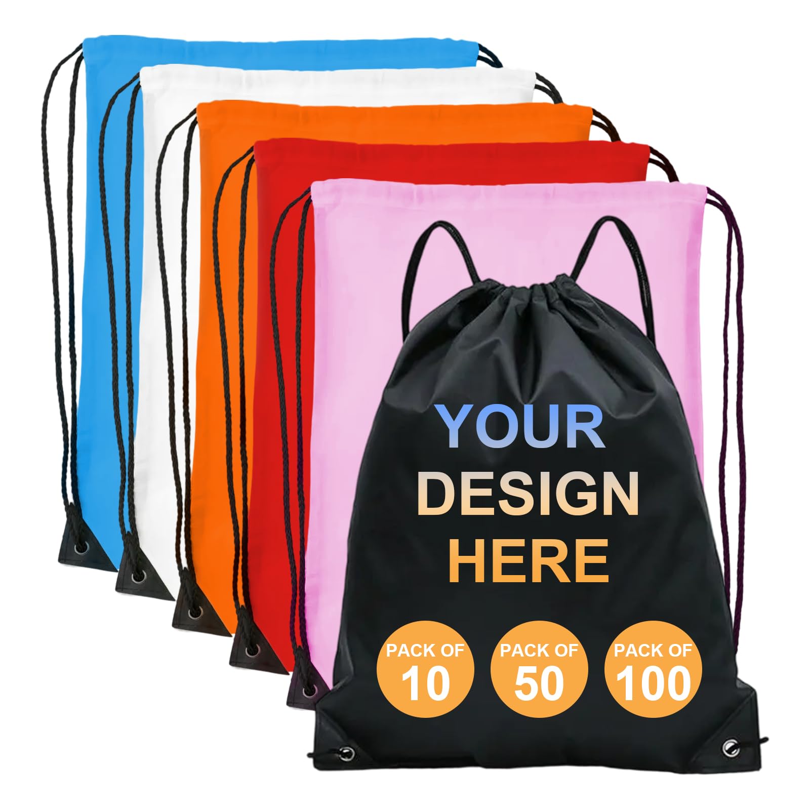 Syntix Custom Drawstring Bags Bulk with Logo - 10/50/100 Pcs Personalized String Backpacks for Gym, Sports, Events, Travel and Daily Use