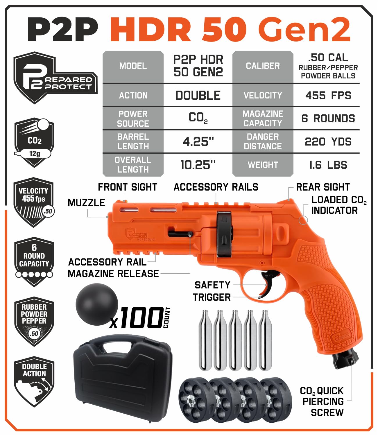 Umarex T4E P2P HDR 50 GEN 2 Self & Home Defense, Less Lethal .50 Caliber Paintball Pistol Limited Edition (Orange, 13J) w/Case, 5xMag, 5xCO2 Tanks | 100x .50 Cal Black Rubber Balls Wearable4U Bundle
