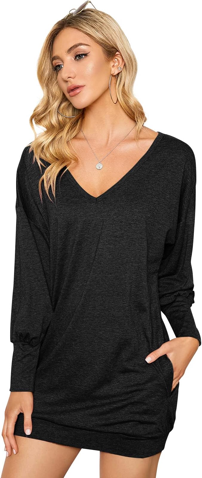 Women Casual Loose Long Sleeve Jumpers Tops Baggy V Neck Pullover Blouse Tunic Sweatshirt Mini Dress