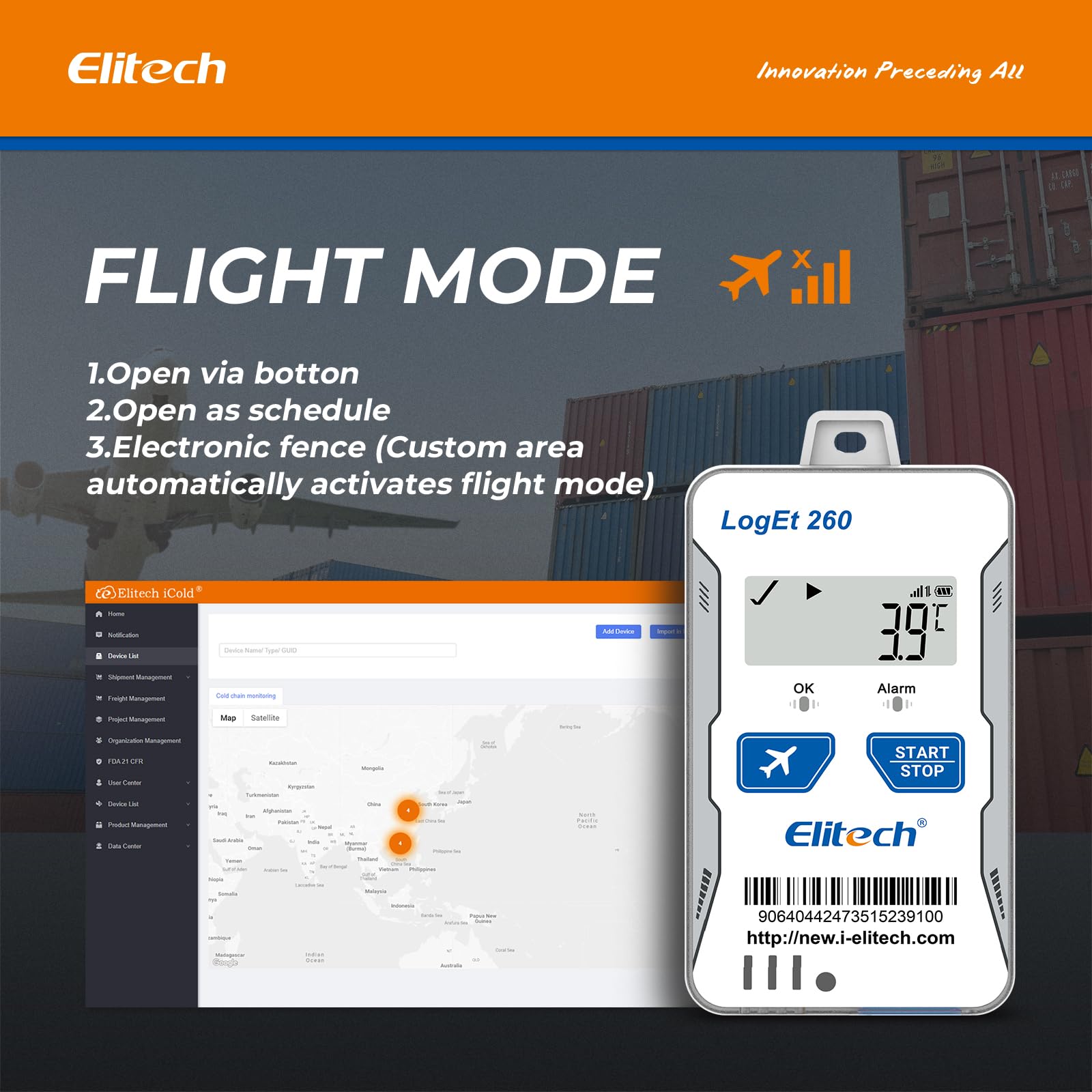 Elitech Registrador de Datos Reutilizable en Tiempo Real de Temperatura y Humedad Luz/Choque/Ubicación Integrada SIM Datos de Sombra en la Nube SMS/Correo Electrónico/Aplicación/Alarma 100000 Puntos